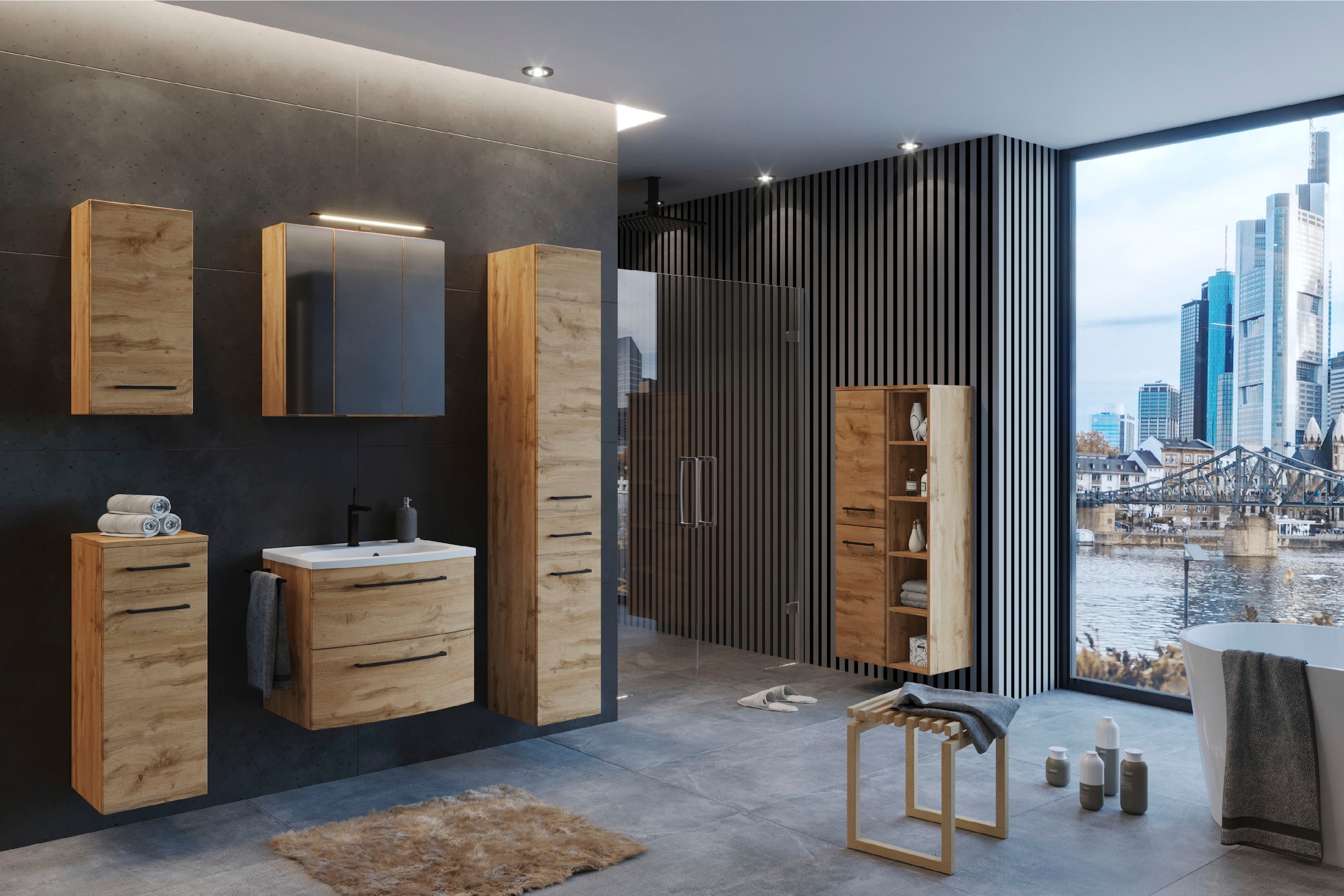 welltime Badmöbel-Set »Chicago«, (5 St., Spiegelschrank, Waschtisch, Hängeschrank, Unterschrank, Seitenschrank)
