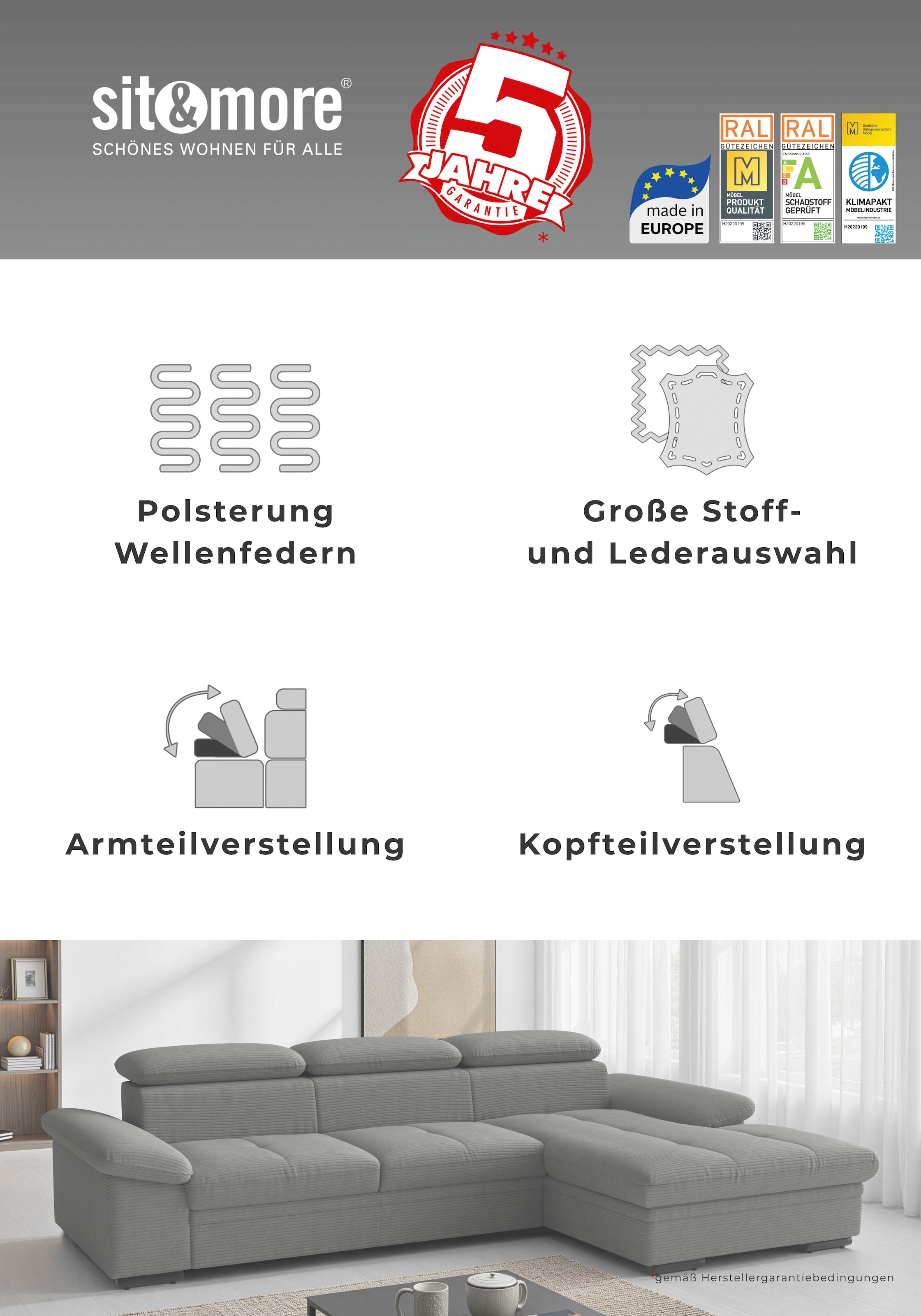 sit&more Ecksofa »Viola L-Form, B: 260 cm, Arm- & Kopfteilverstellung« optional Schlaffunktion, Sofa mit Komfortsitz