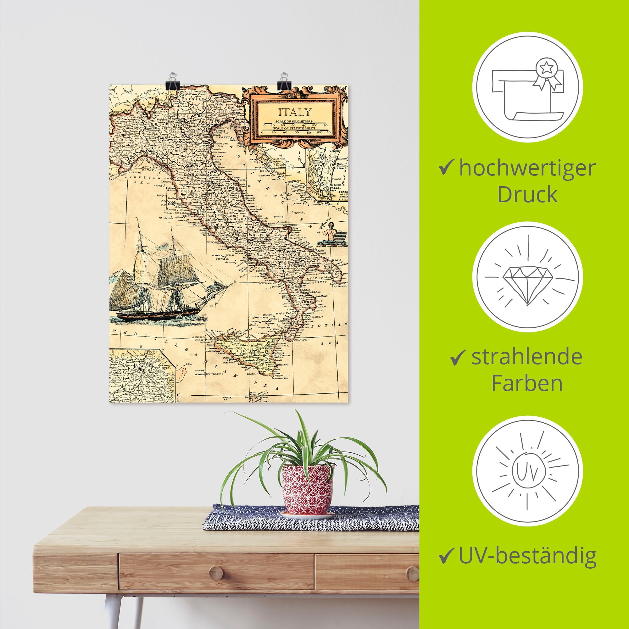 Artland Wandbild »Italienkarte«, Landkarten, (1 St.), als Leinwandbild, Poster in verschied. Größen