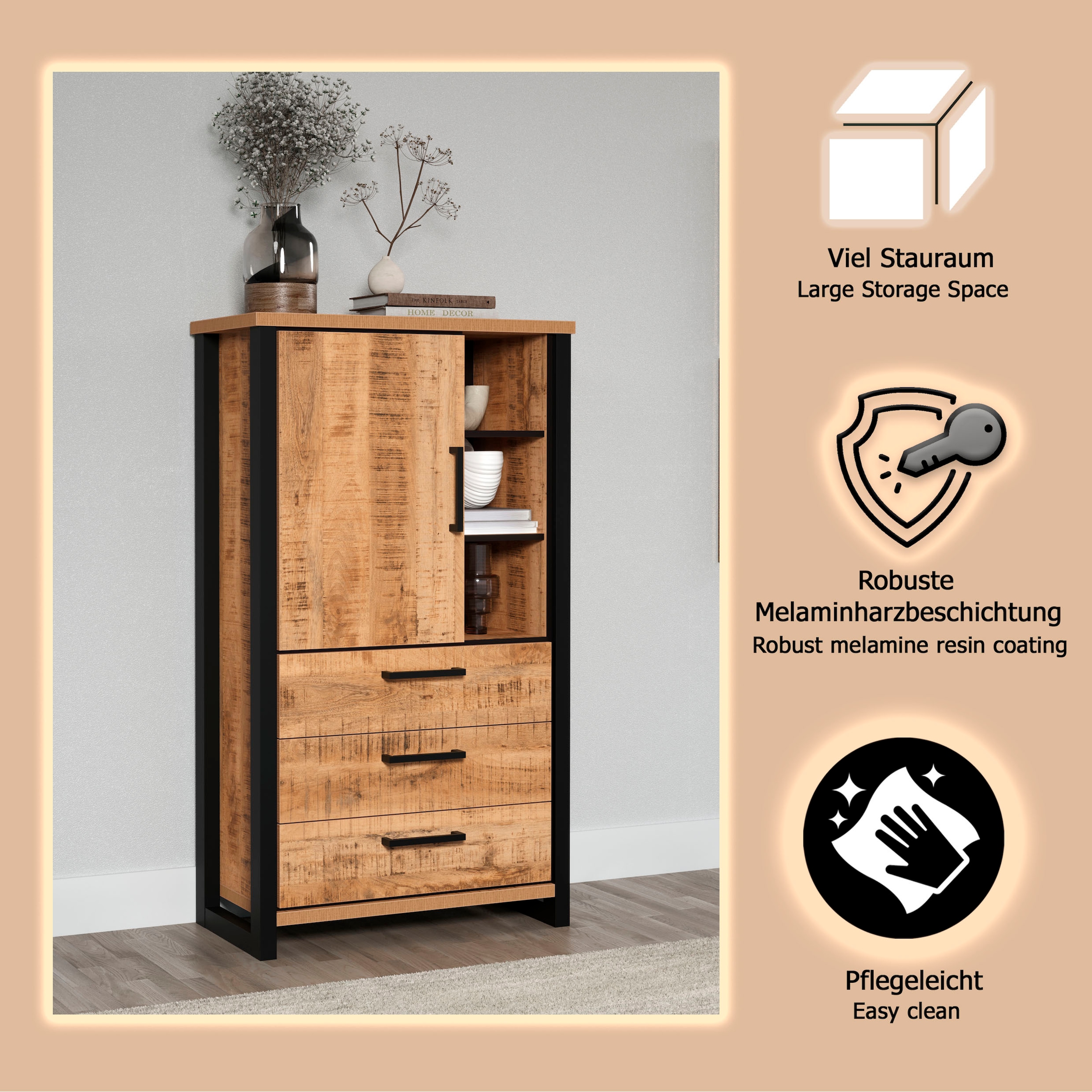 Home affaire Highboard »Elda« 1 Stk. tlg. Vitrine mit 1 Tür & 3 Schubladen mit Vollauszug – (B/T/H) 87/45/155 cm