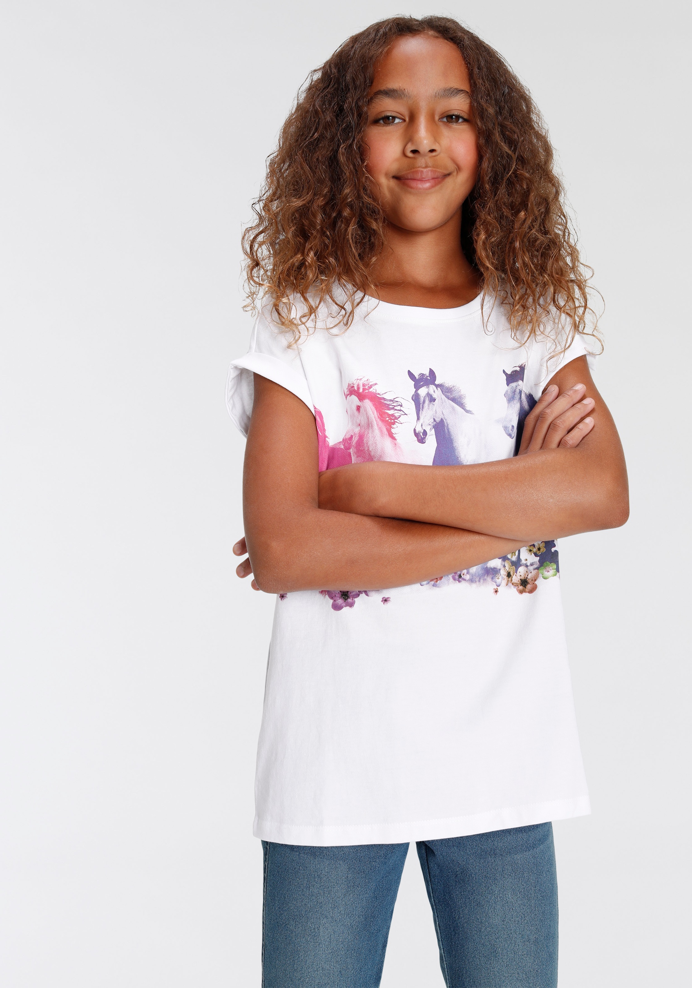 KIDSWORLD T-Shirt »Pferde«, Kurzarm, bedruckt, Rundhalsausschnitt, aus Baumwolle