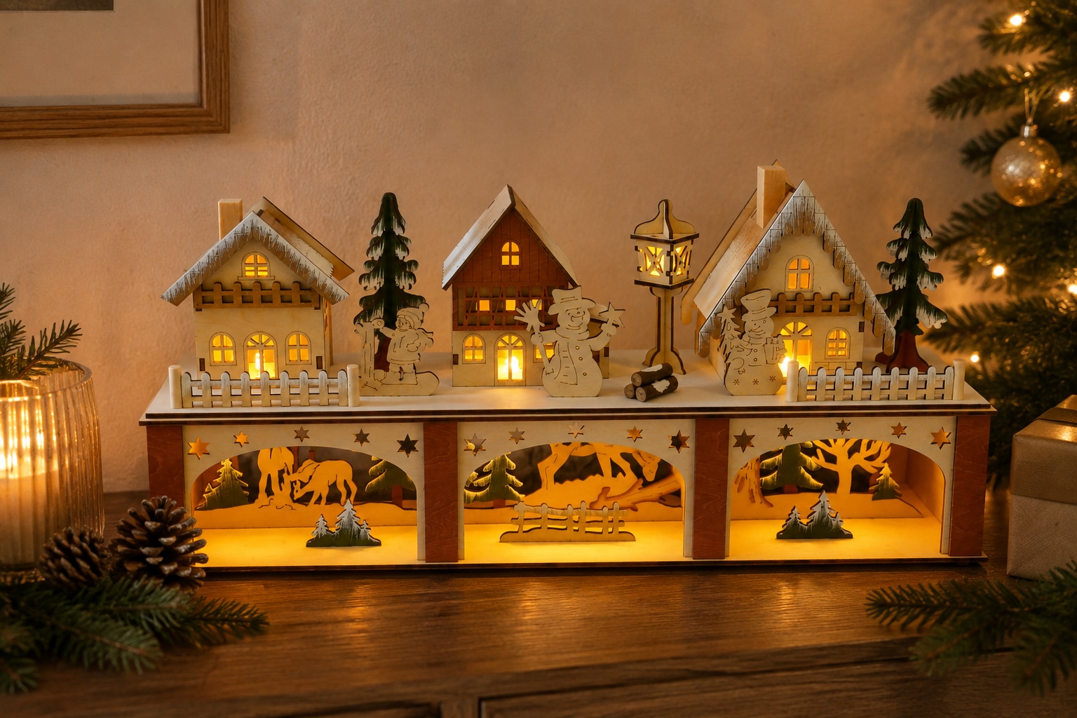 OTTO home LED Dekoobjekt »Weihnachtsdekoration aus Holz, 1 Stück« 1 Stk. Warmweiß mehrdimensionale Szenerie, Gratis-Hänger, 6h-Timer, Höhe 22 cm