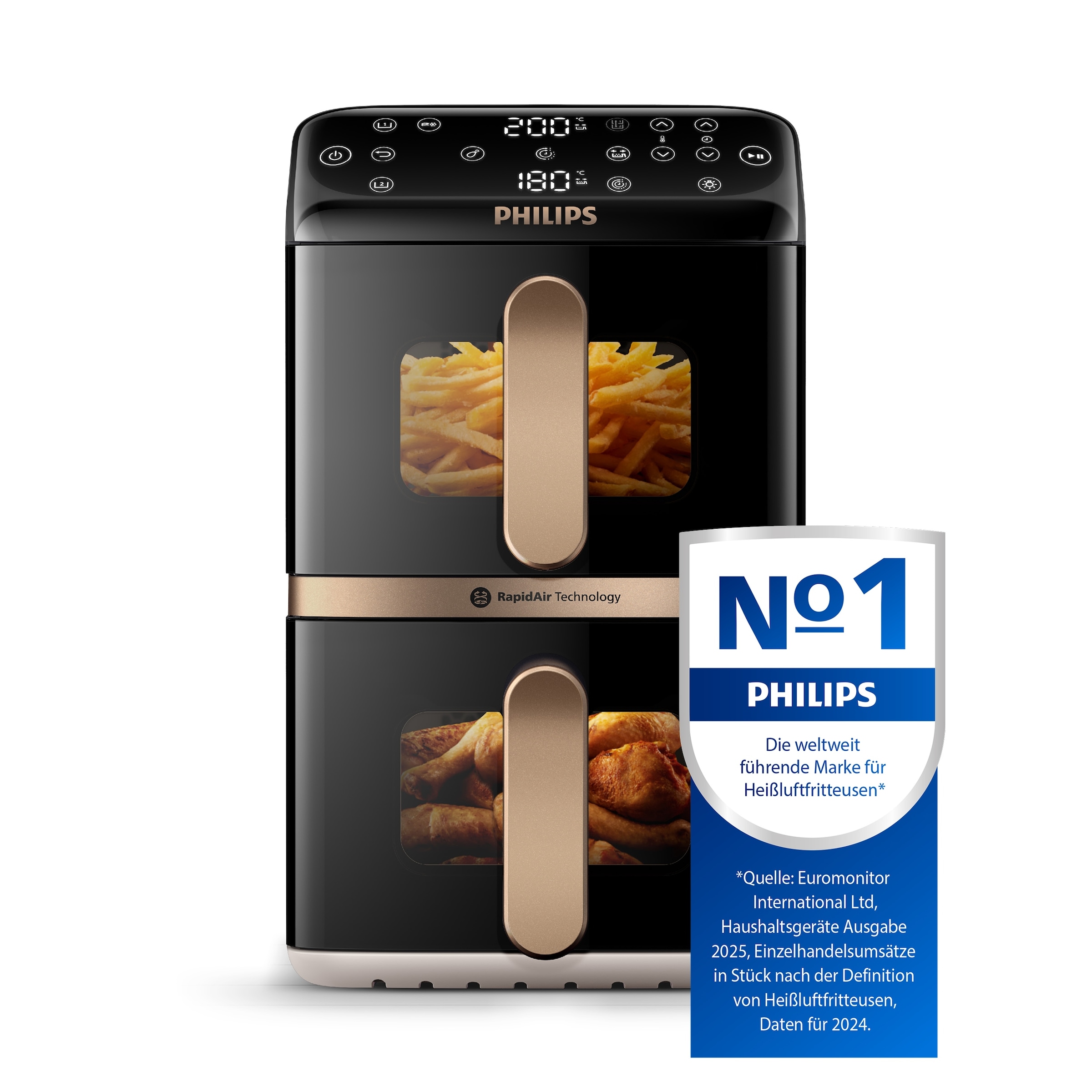 Philips Heißluftfritteuse »NA462/70 4000 Series Stacked Dual Basket und 10L Kapazität (5+5L)« 2750 W Fassungsvermögen 0 l RapidAir Technologie; Schwarz/Dunkelgrau, kupfer Griff