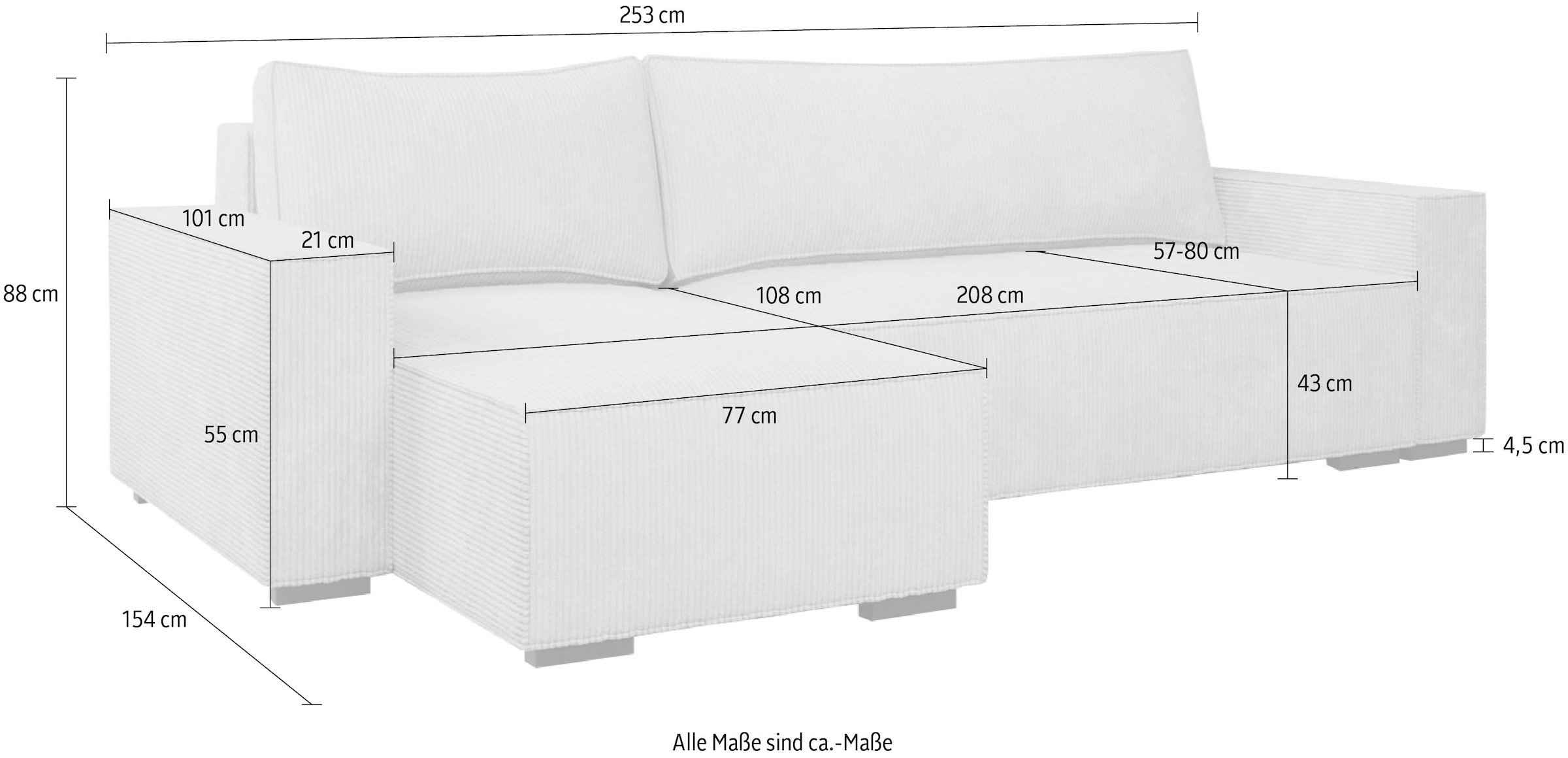 INOSIGN Ecksofa »Wylie«, Cord, Recamiere beidseitig montierbar, mit Bettfunktion und Bettkasten