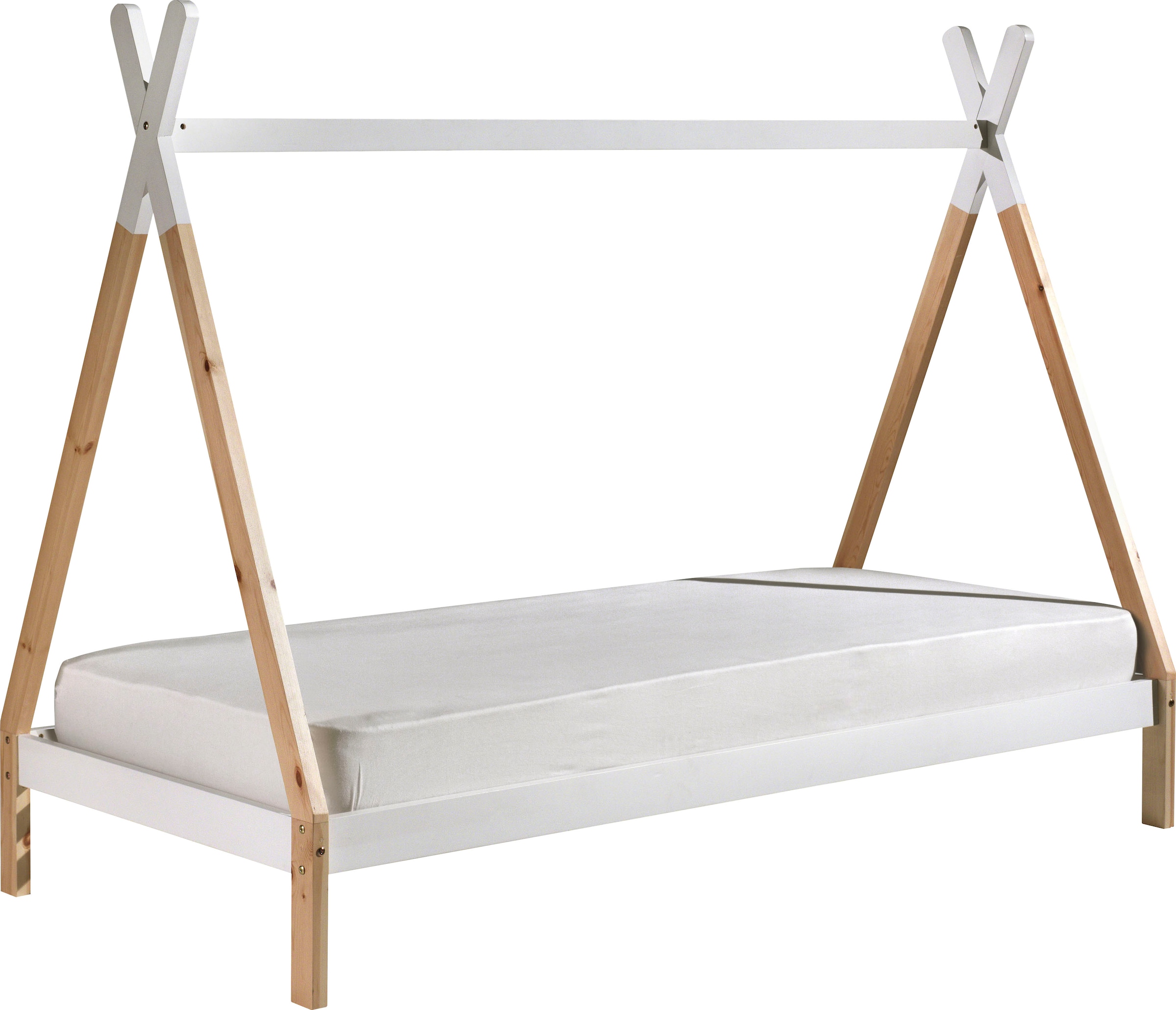 Vipack Kinderbett »TIPI, Kiefer massiv, 2-farbig lackiert, mit Rolllattenrost«, (B/H/T ca. 206x158,2x98cm, Querstange kann hübsch dekoriert werden), 90/200, wahlweise mit oder ohne Schublade