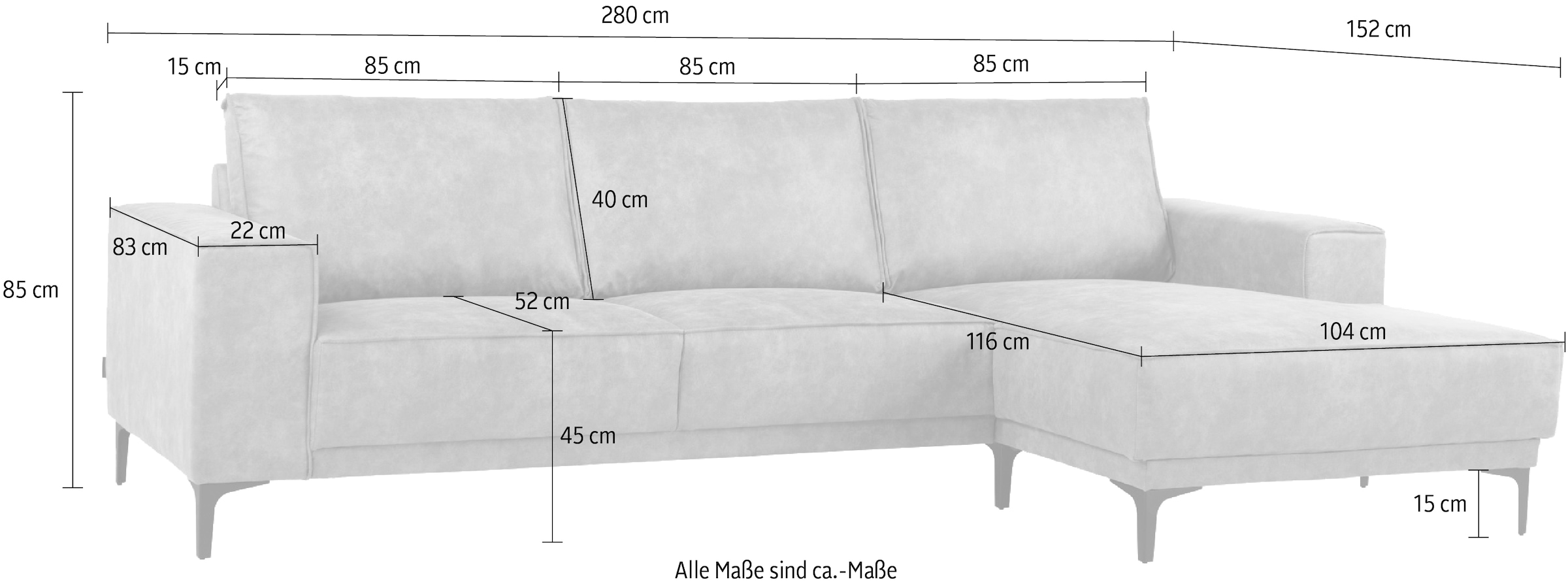 Places of Style Ecksofa »Polsterecke Oland, Struktur, Flachgewebe, Luxus-Microfaser, Boucle«, L-Form, 280 cm, Wellenunterfederung, Skandi-Design, Metallfüße