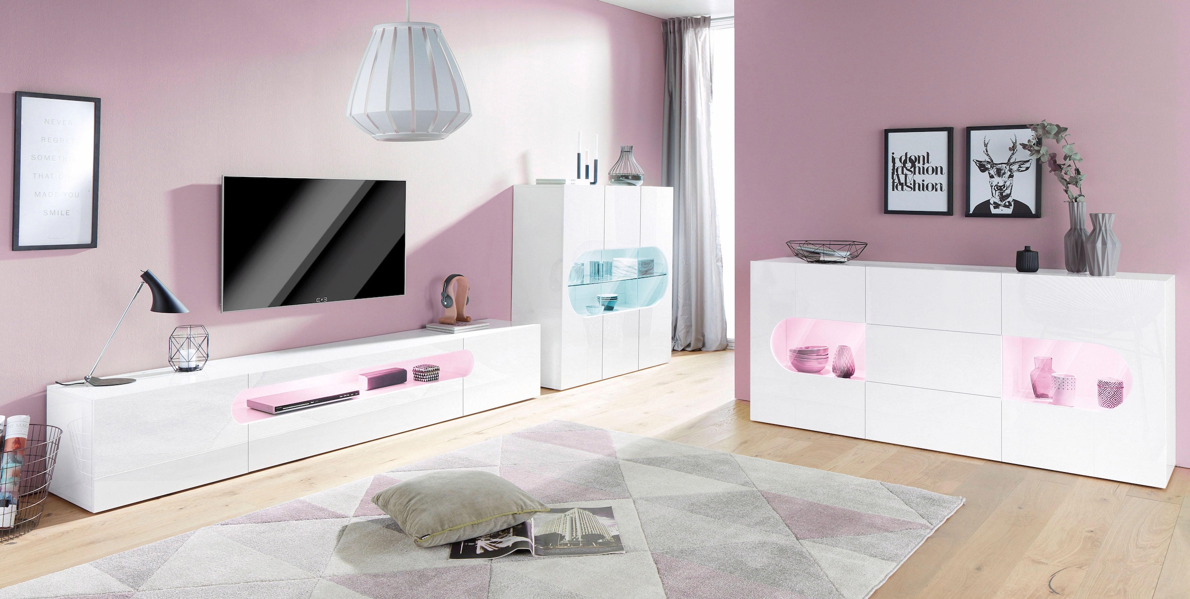 INOSIGN Sideboard »Real,Vitrine,Kommode,Schrank, komplett hochglanz lackiert«, mit 2 Glastüren und 3 Schubladen ohne Griff, Breite 180