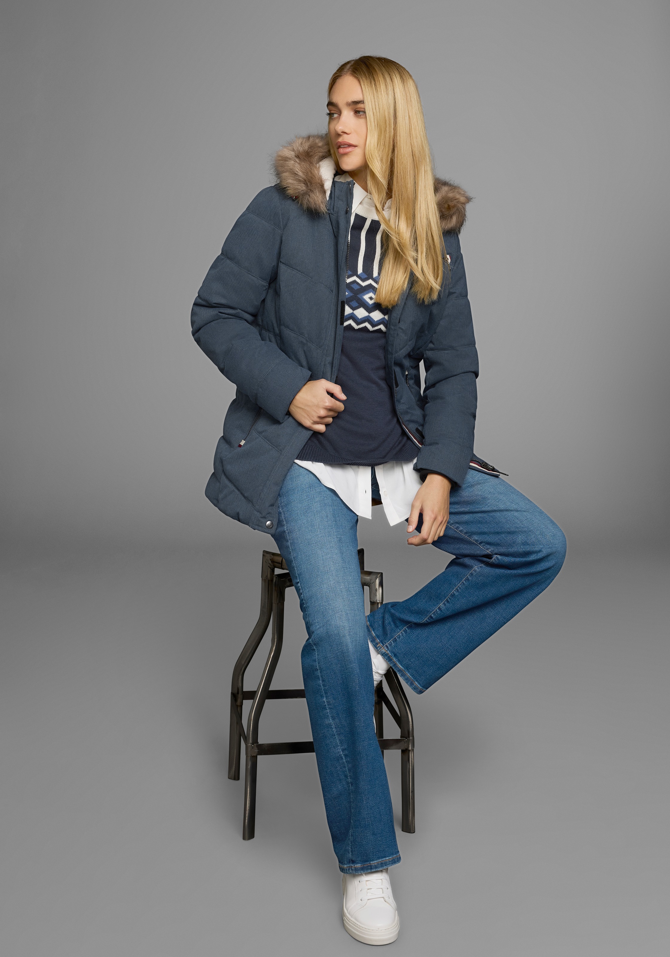 Polarino Steppjacke, mit Kapuze, mit abnehmbarer Kapuze, mit Fellimitat, viele Taschen