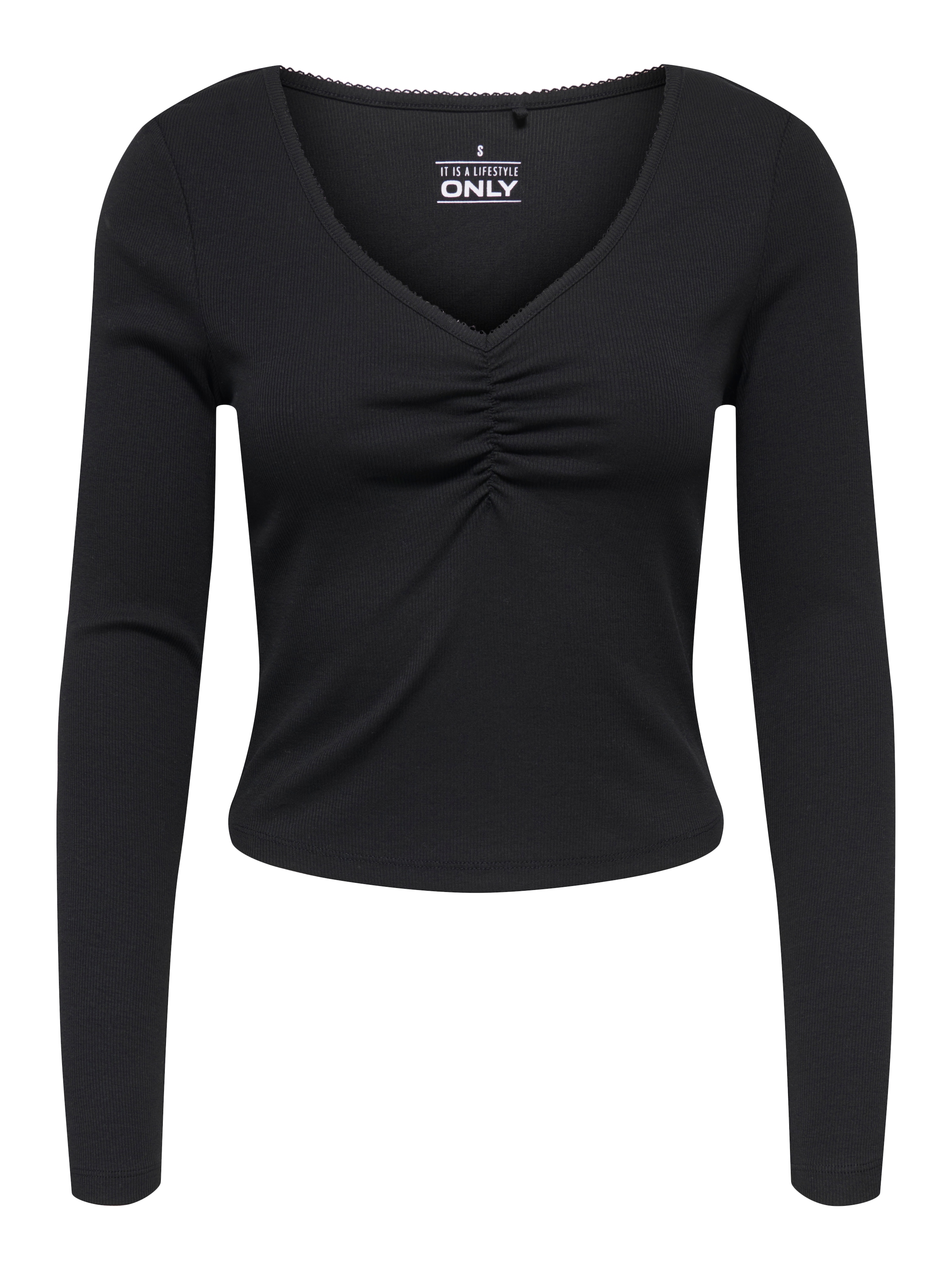 ONLY Langarmshirt »ONLBETTY LIFE L/S SCALLOP V-NECK CC JRS« mit Raffung am Ausschnitt