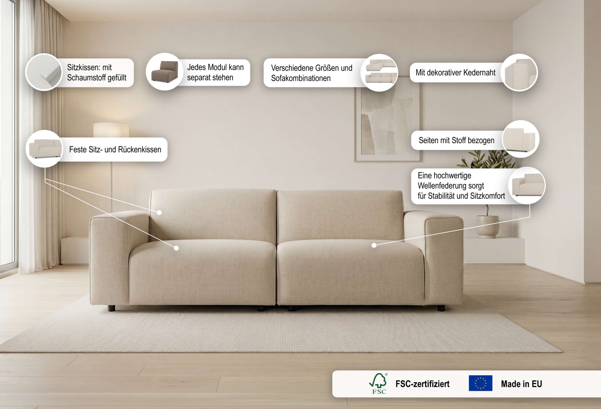 OTTO home 3-Sitzer »Naddine« B. 228 cm, Strukturstoff mit Mélange-Effekt, mit Wellenunterfederung