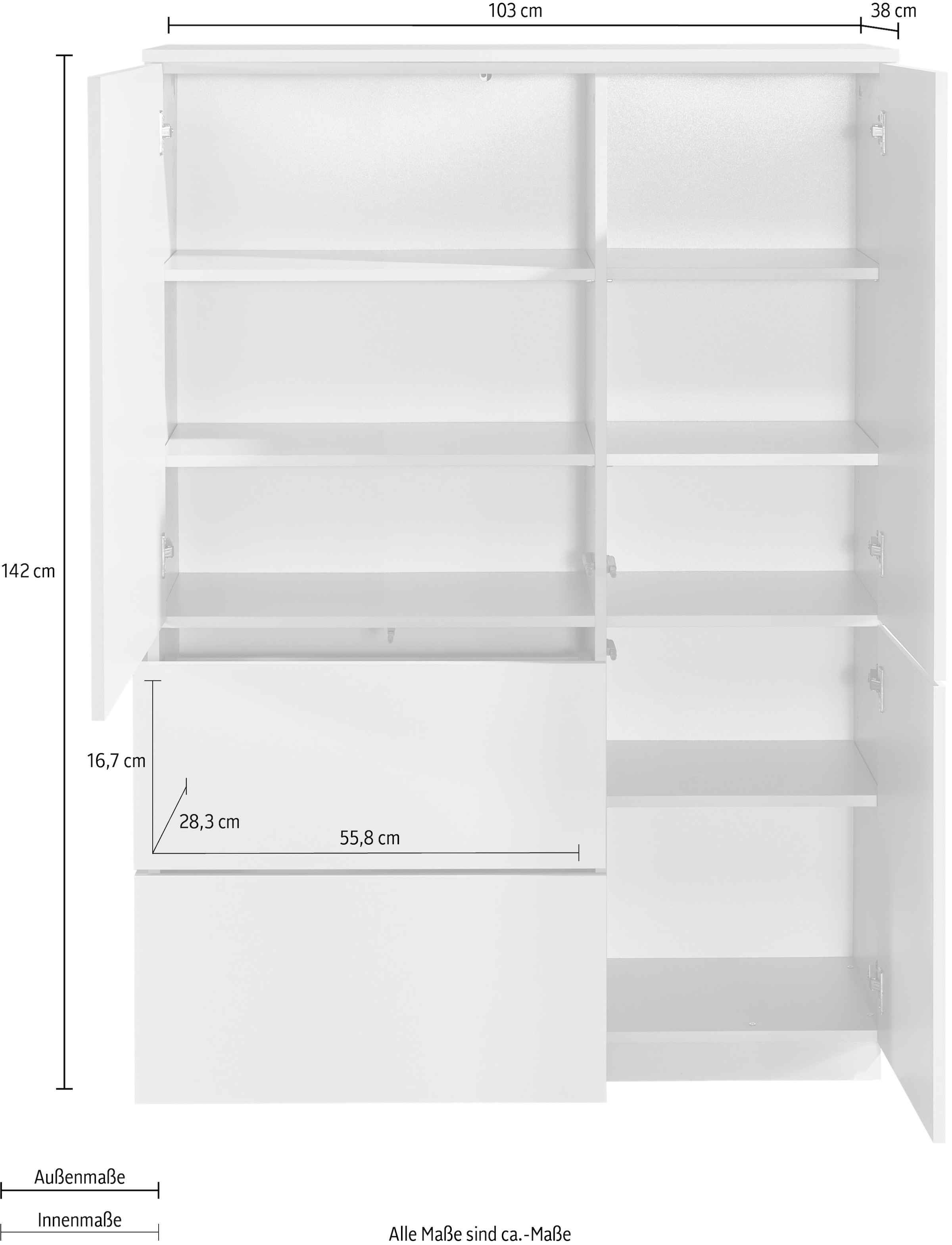 HBZ Highboard »Vince Highboard, B/H/T 103x142x38 cm« 1 Stk. tlg. Breite 103 cm, Push-to Open, Melaminbeschichtung
