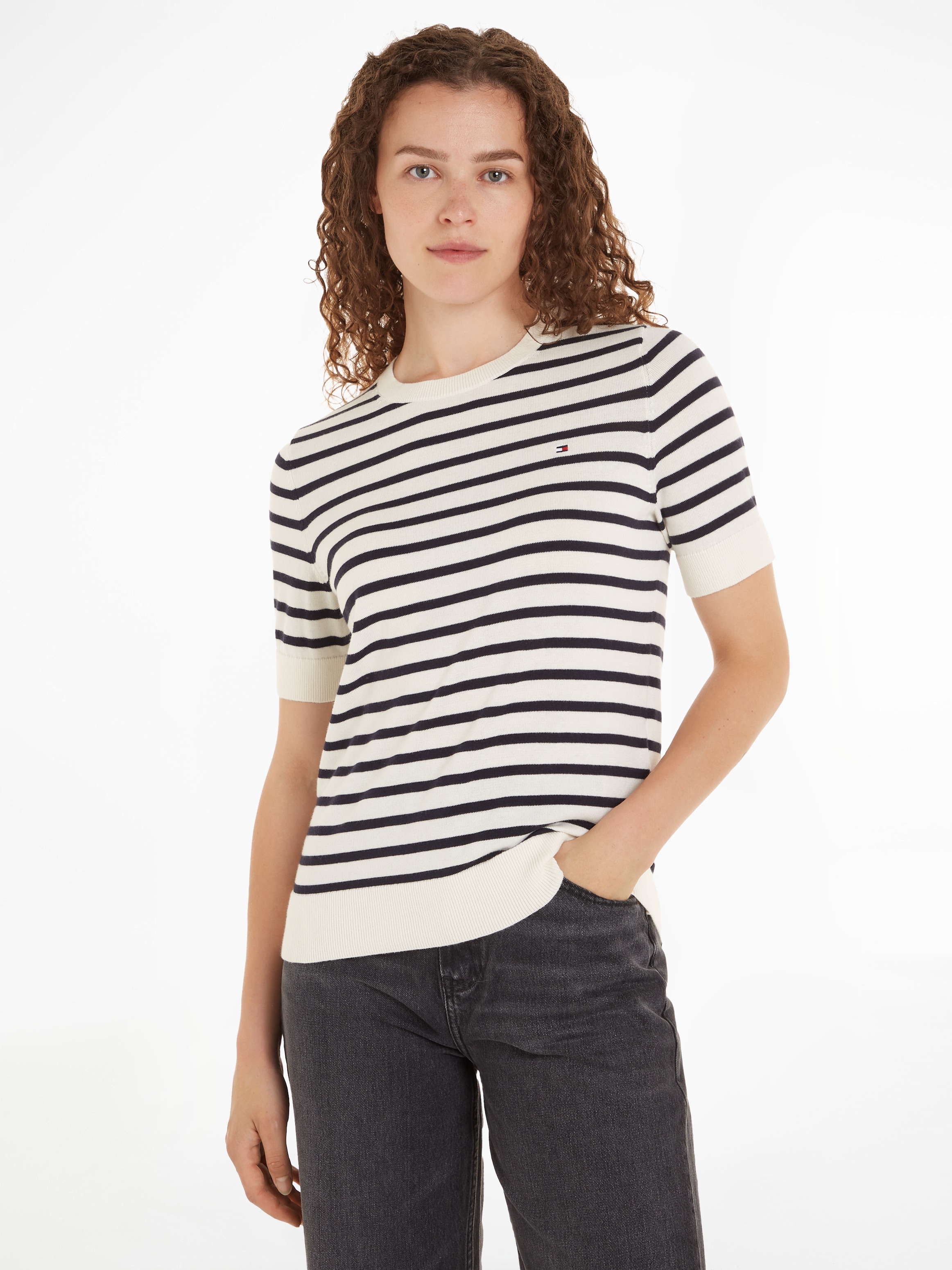 Tommy Hilfiger Kurzarmpullover »CO JERSEY STITCH C-NK SS SWEATER«, mit Logostickerei