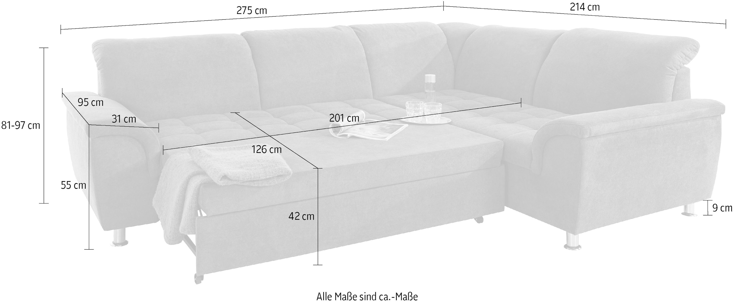 DOMO collection Ecksofa »Franzi L-Form«, wahlweise mit Kopfteilverstellung (dann Breite: 275 cm)