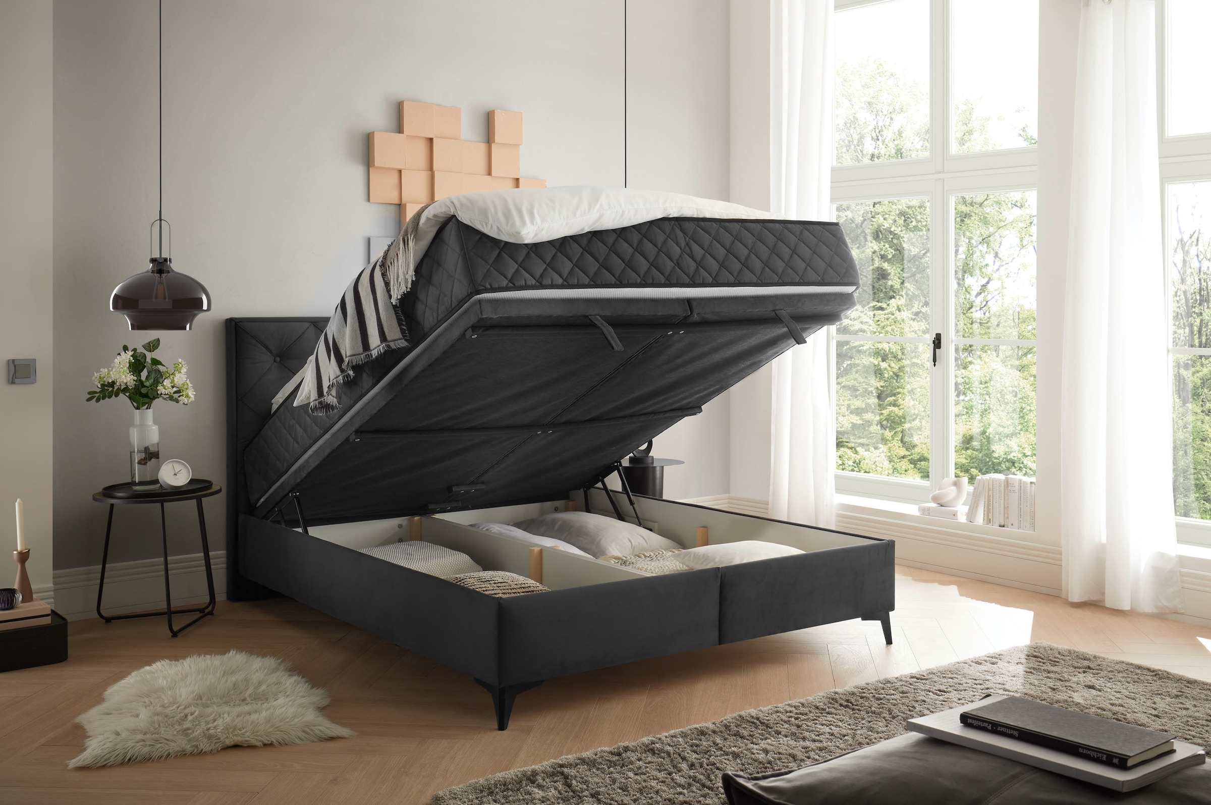ED EXCITING DESIGN Boxbett »Monroe inkl. Bettkasten, erhältlich in den Breiten 160cm & 180cm«, Duo-Matratze - feste Seite mit Kokosmatte