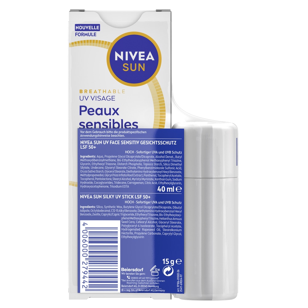 Nivea Sun Sonnenschutzlotion »UV Face Sensitive LSF50+ mit  Silky UV Stick Vorteilspack« speziell für empfindliche Haut; beugt Sonnenallergien vor
