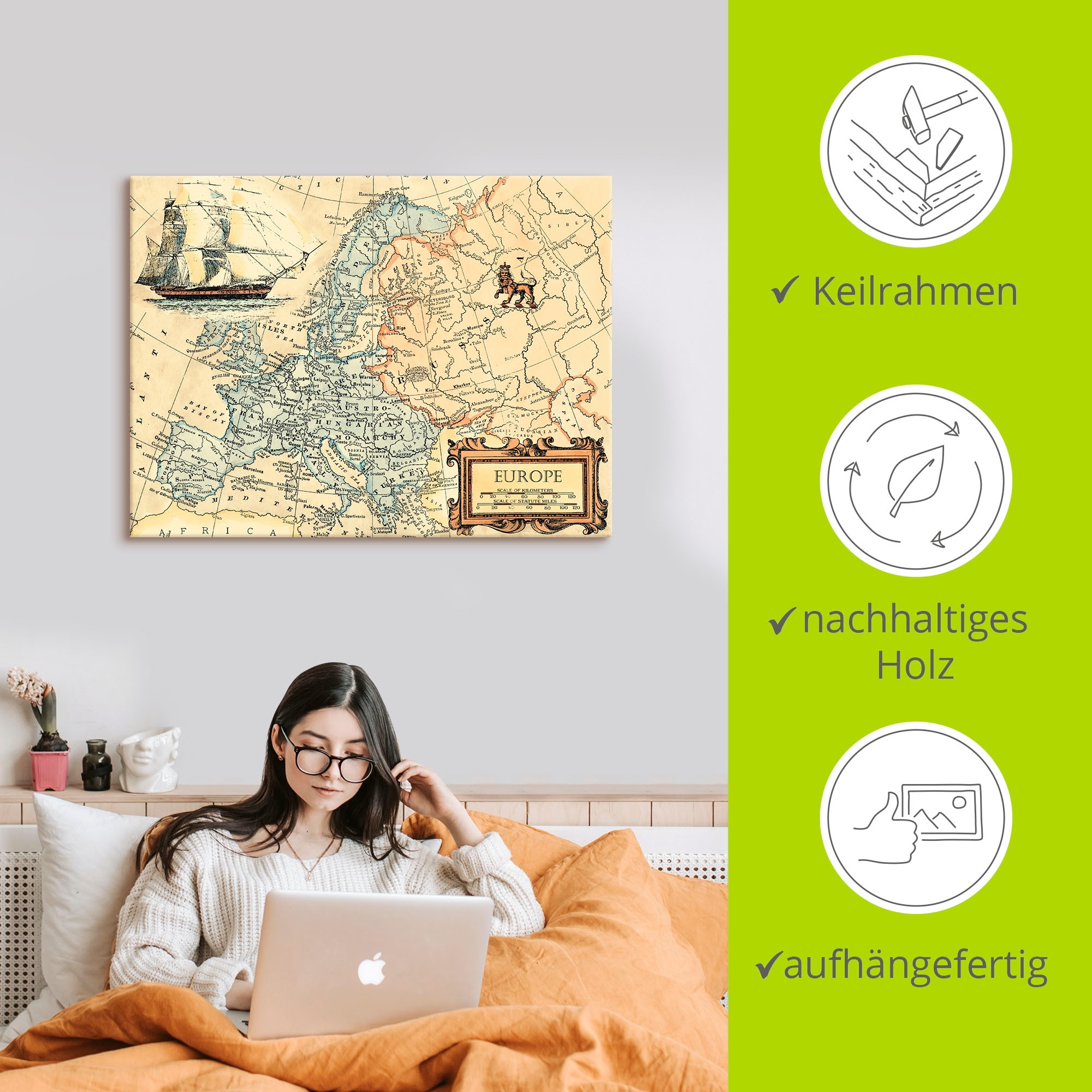 Artland Wandbild »Europakarte«, Landkarten, (1 St.), als Leinwandbild, Poster, Wandaufkleber in verschied. Größen