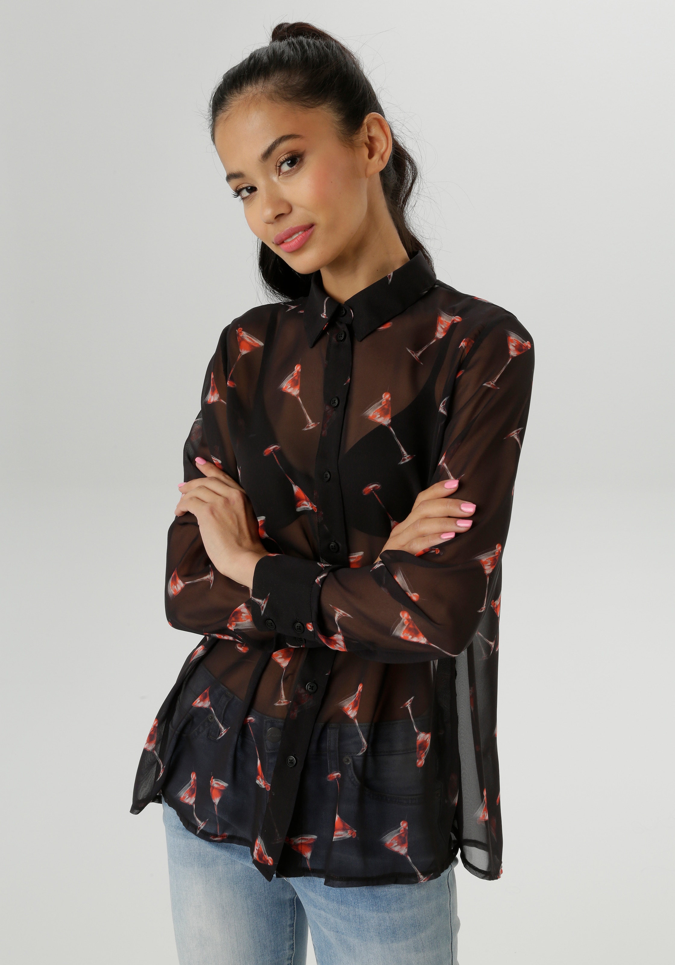 Aniston Selected Damen Hemdbluse mit trendigen Martini-Gläsern bedruckt - NEUE KOLLEKTION in schwarz, Größe 44