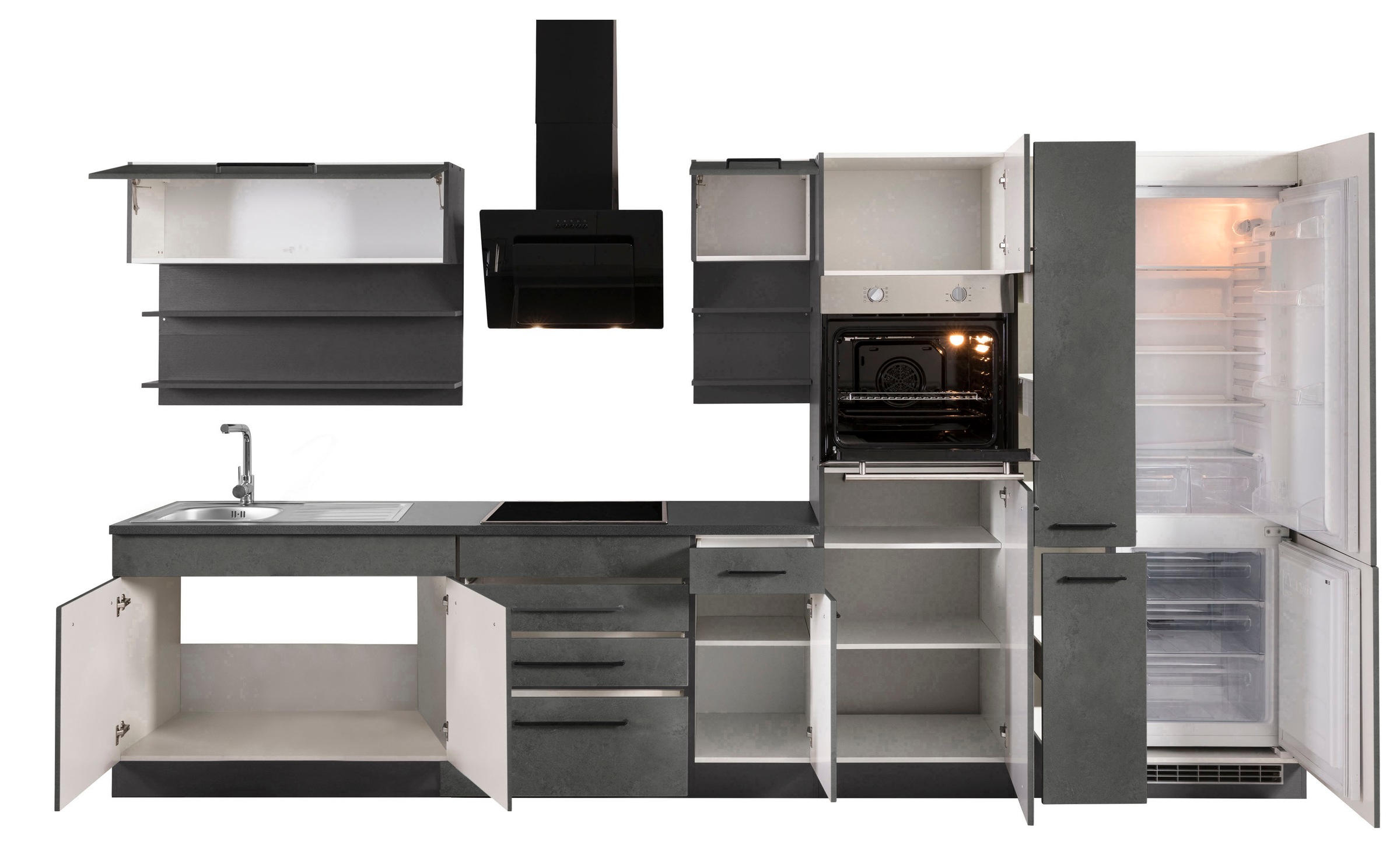 KOCHSTATION Küchenzeile »KS-Tulsa«, ohne E-Geräte, Breite 360 cm, schwarze Metallgriffe, MDF Fronten
