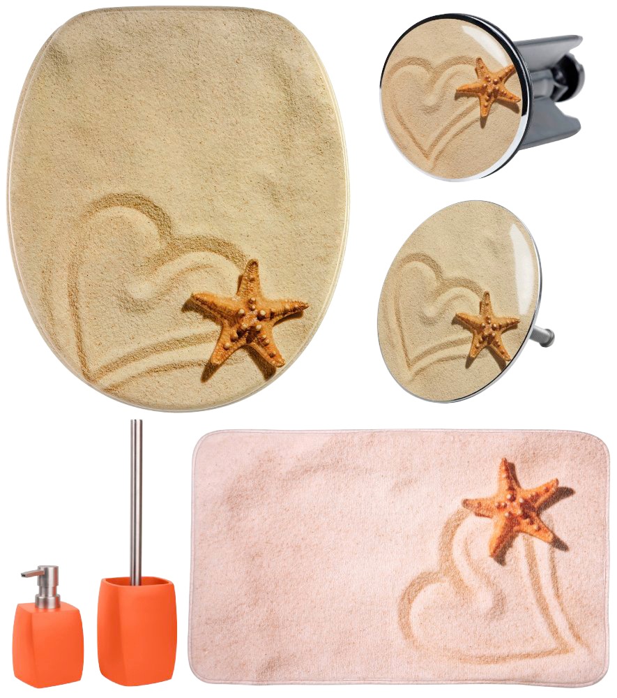 Sanilo Badaccessoires-Sets »Sandy«, (Komplett-Set, 6 tlg.), bestehend aus WC-Sitz, Badteppich, Waschbecken- und Badewannenstöpsel, Seifenspender und WC-Bürste
