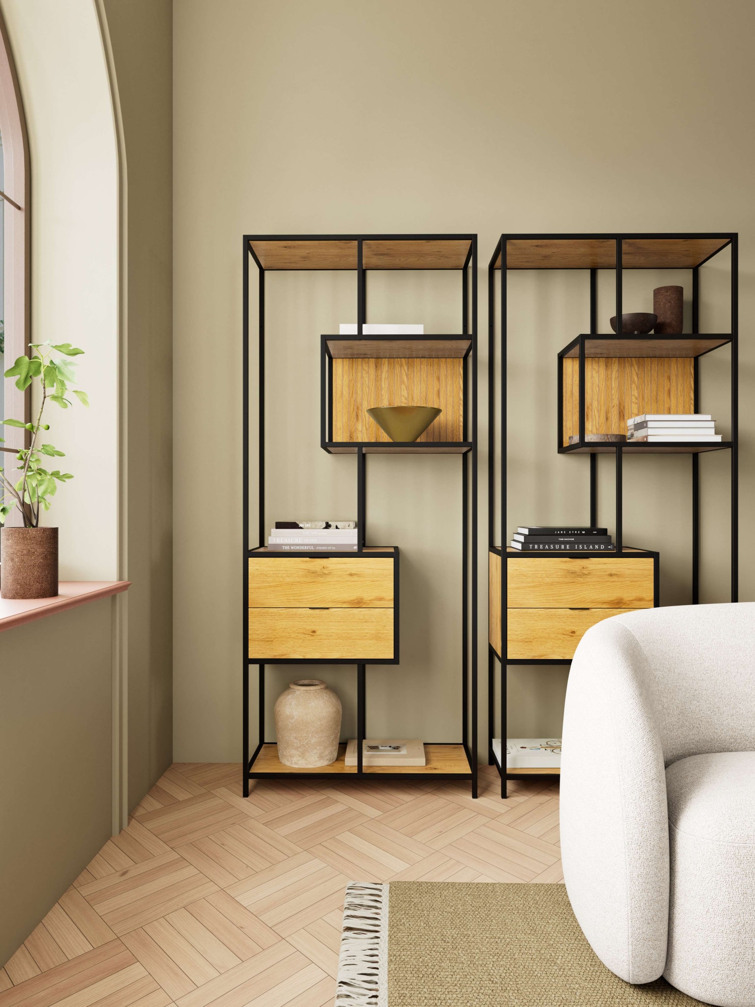 ACTONA GROUP Regal »Seaford, Standregal, Regal, Raumteiler« 77x35x185 cm,  schwarzer Stahlrahmen, 2 Schubladen, Wendemodul, Breite 77 cm