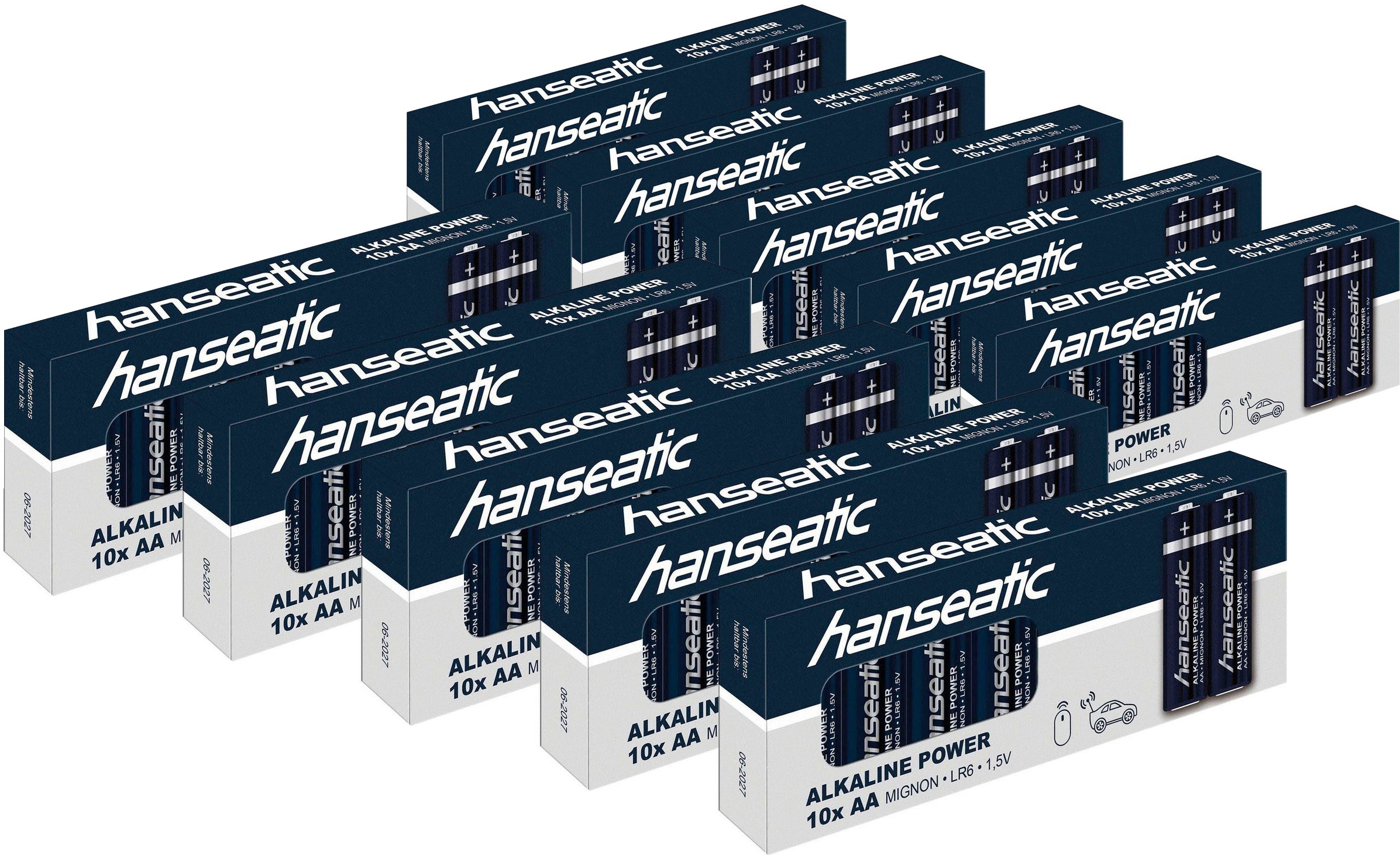 Hanseatic Batterie »100 Stück Alkaline Power, AA Mignon«, LR06, (Packung, 100 St.), bis zu 5 Jahren Lagerfähigkeit