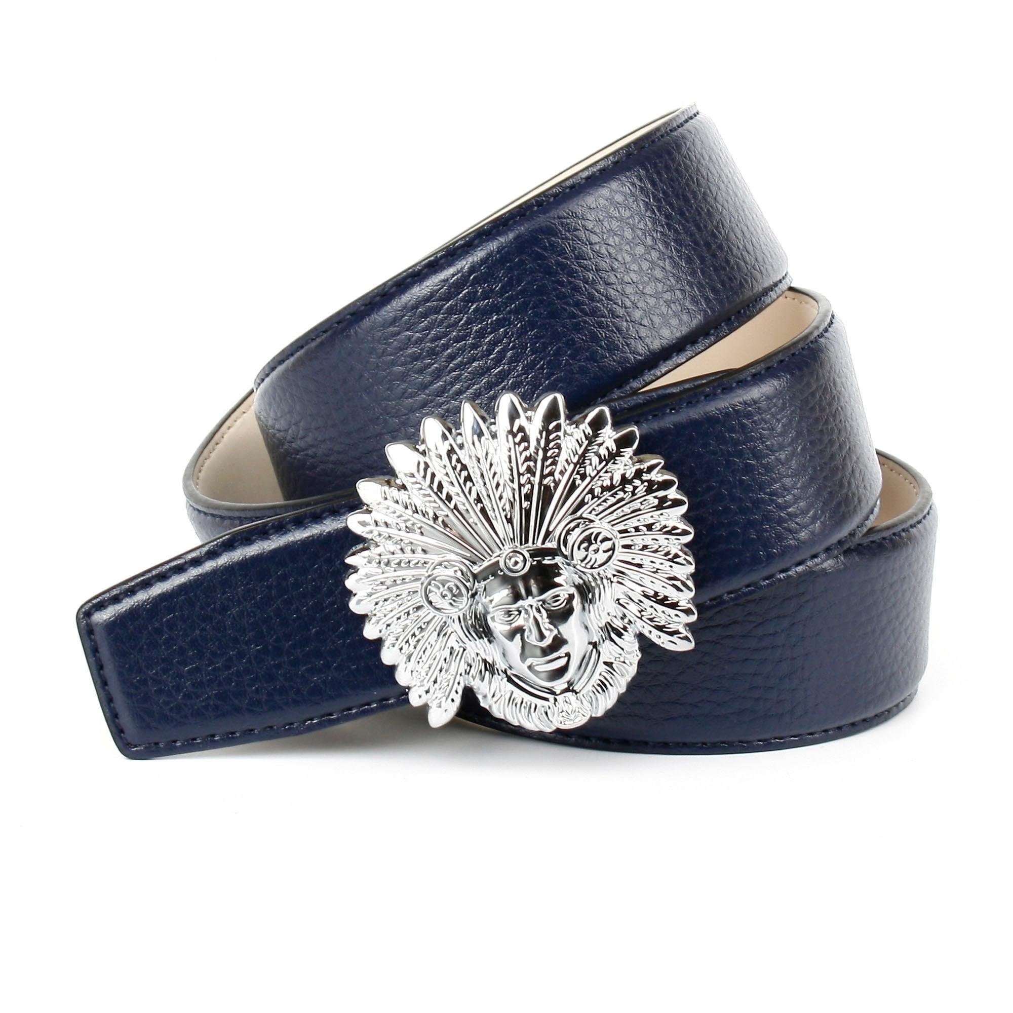 Anthoni Crown Ledergürtel, Schließe mit Indianer-Motiv und dunkelblauem Leder