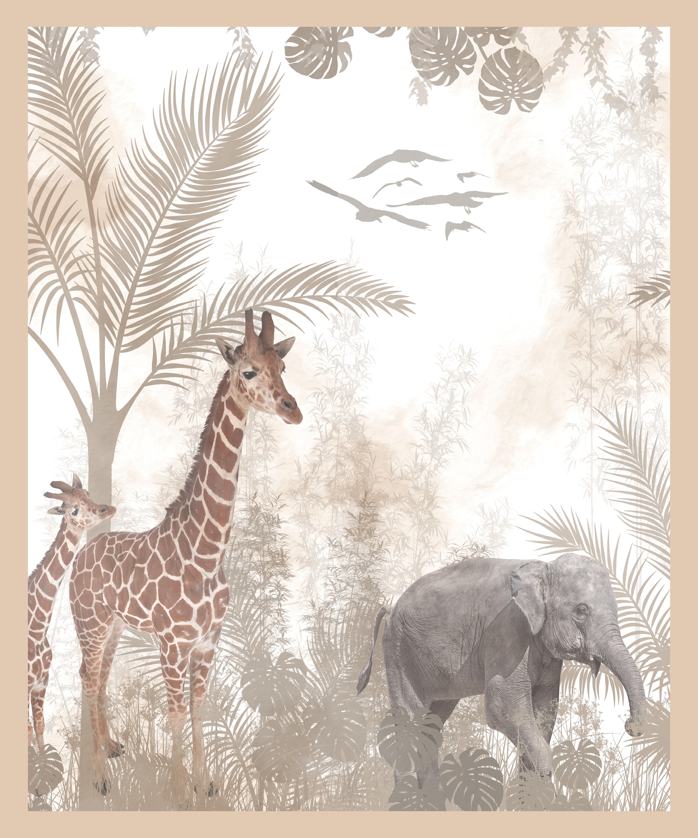 Lüttenhütt Poster »Tiere im Dschungel«, Baum-Bilder von Afrika-Elefant-Elefanten Bilder-Elephant-Fantasy-Giraffe-Tiere, (1 St.), HD Premium Druck
