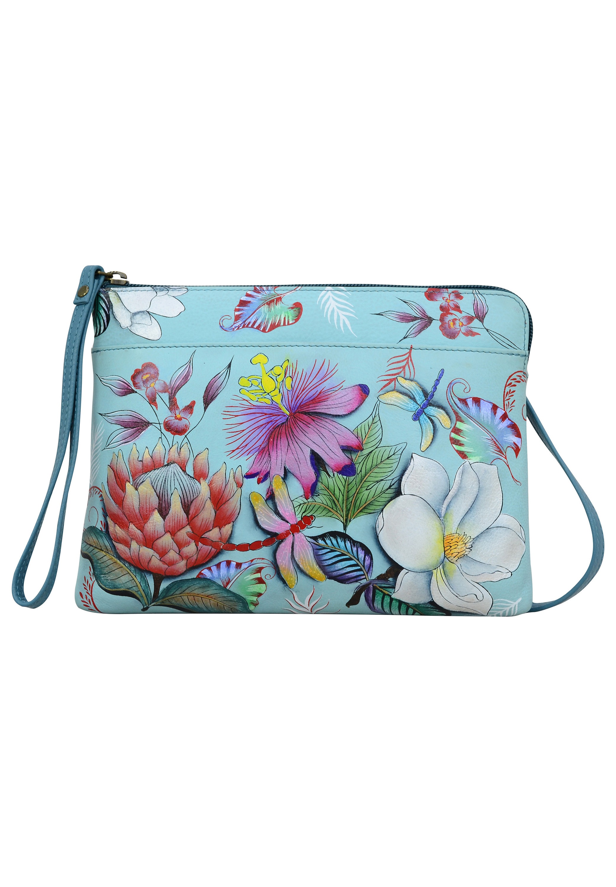 ANUSCHKA Umhängetasche »Jardin Bleu aus handbemaltem Leder«, mit RFID-Schutz und Schulterriemen