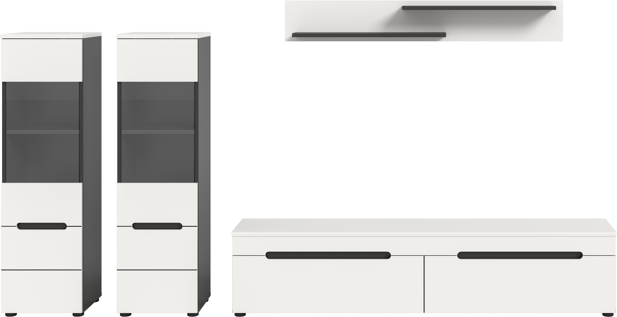 Home affaire Wohnwand »REHAT, TOPSELLER!, 4-teilig, wahlweise stehend und hängend montierbar« Set bestehend aus: 2x Vitrine, Lowboard und Wandboard, 3 Stk. tlg.