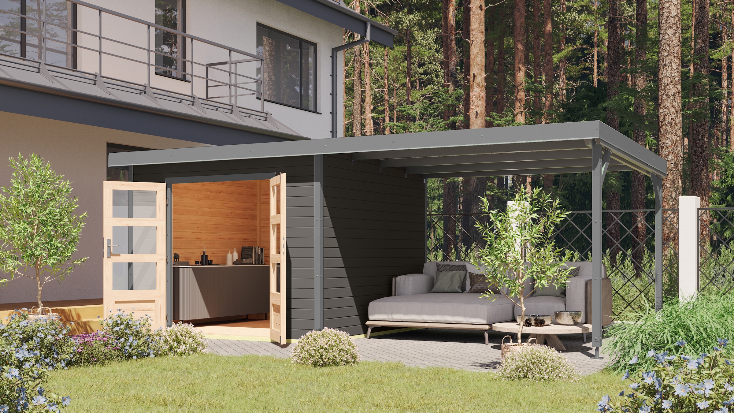 Karibu Gartenhaus »Plutino 6  SET, in verschiedenen Farben« inkl. Anbaudach