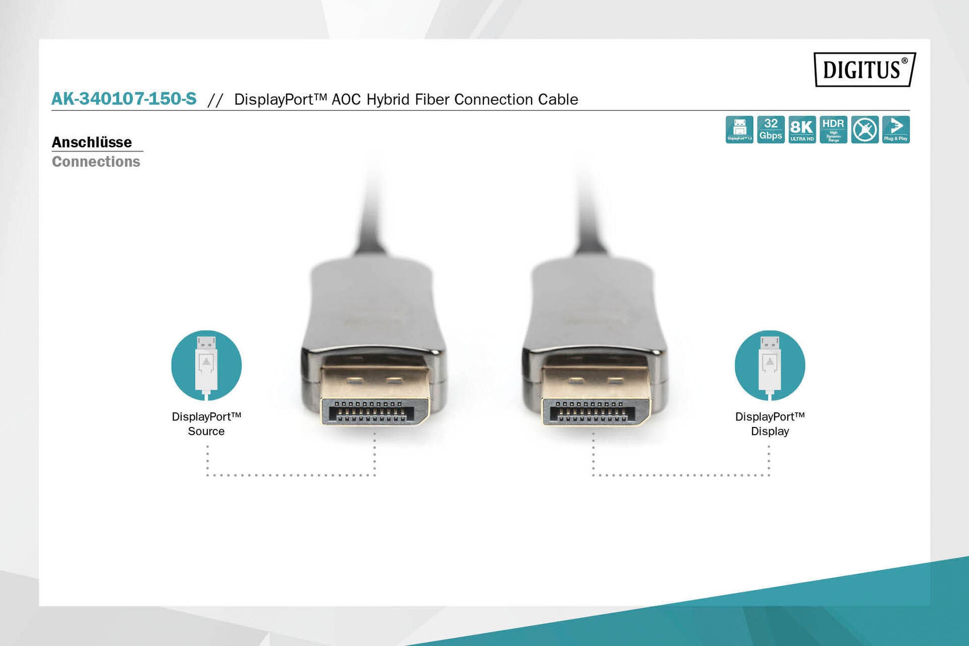 Digitus SAT-Kabel »DisplayPort™ AOC Hybrid Glasfaserkabel, UHD 8K«, DisplayPort, 1500 cm