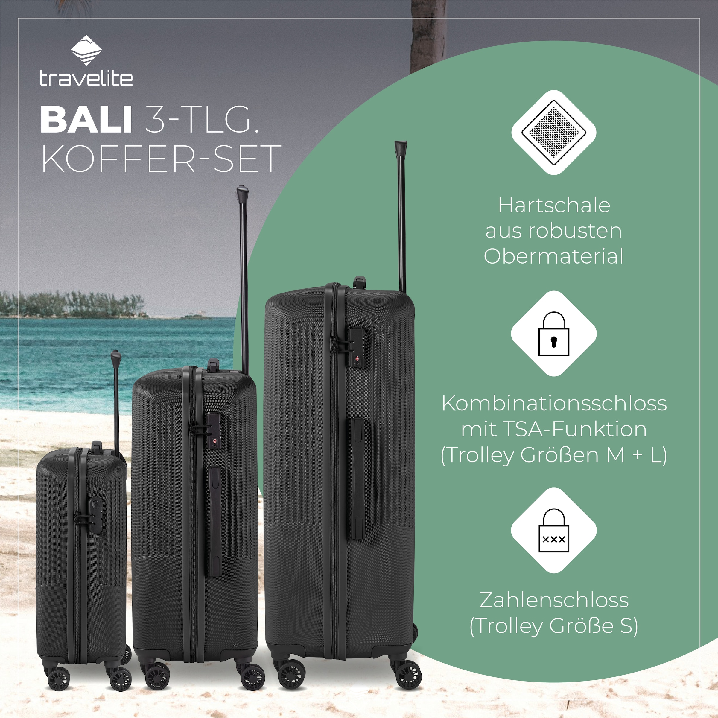 travelite Trolleyset »BALI 3-teilig Hartschale« TSA-Schloss – robustes Reisegepäck