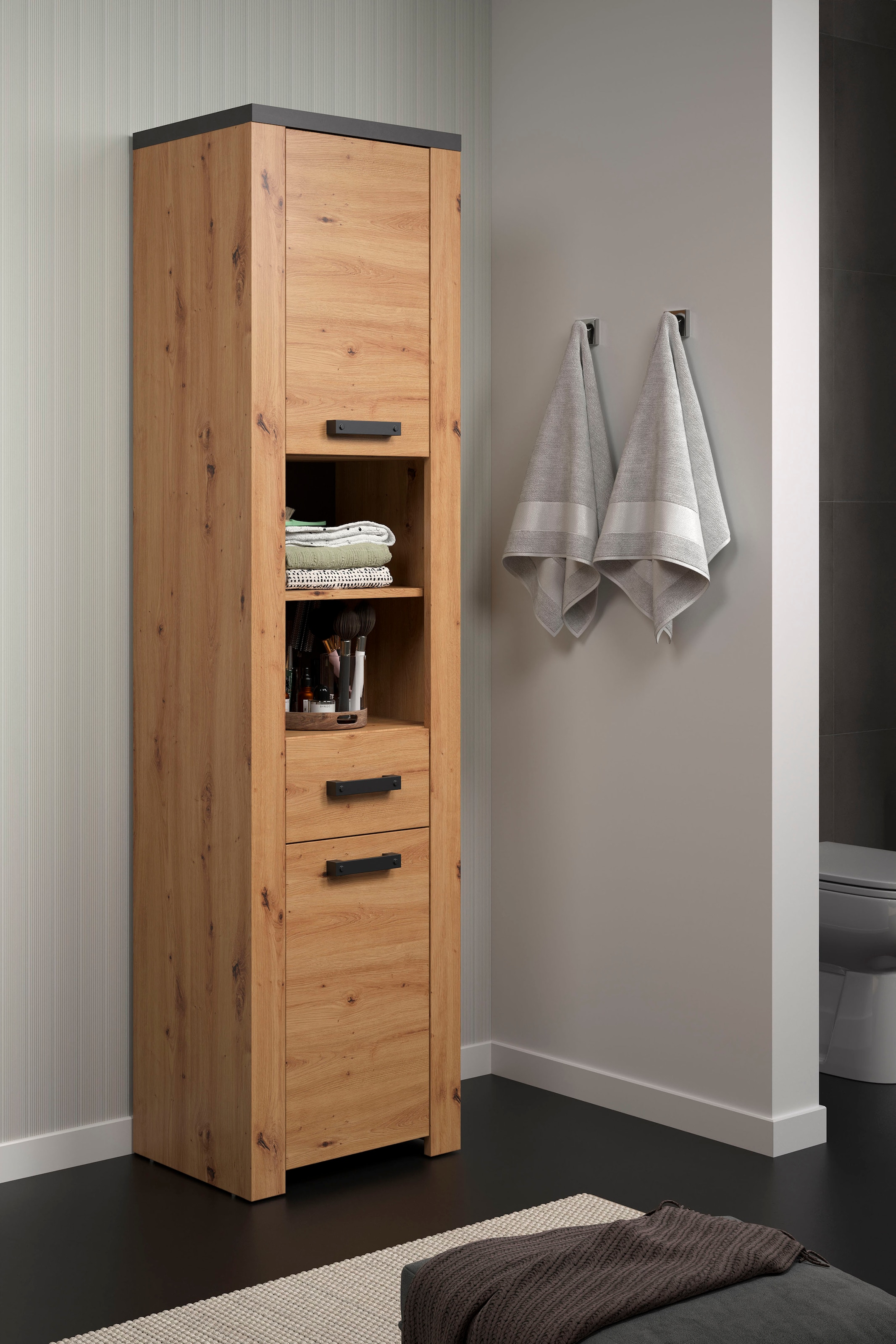 Home affaire Hochschrank »Ambres«, (1 St.), Badschrank in matter Echtholzoptik - Maße (B/T/H) 53/35/196 cm