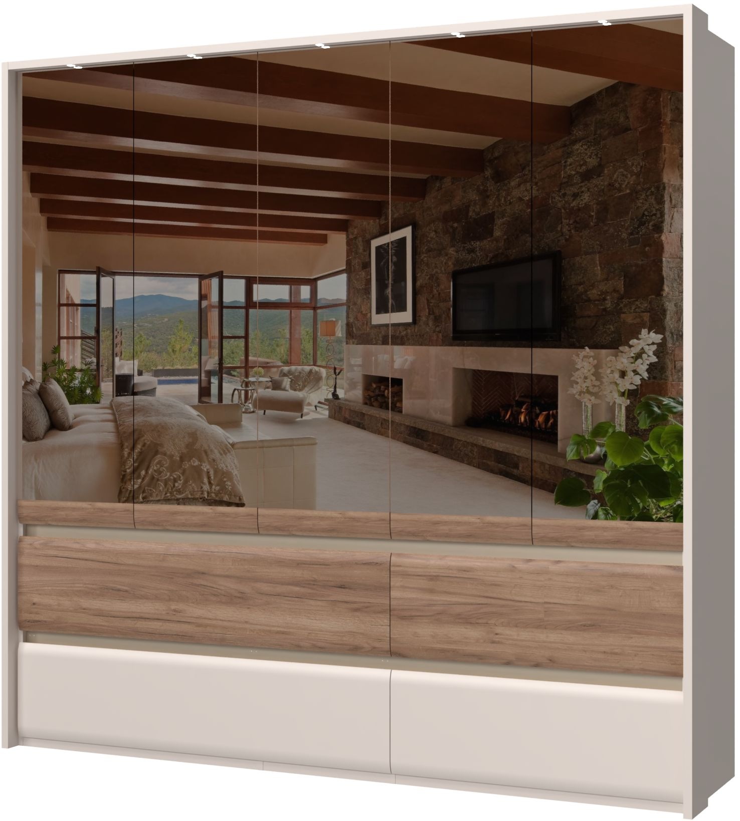 Places of Style Kleiderschrank »Invictus, UV lackiert, FSC-zertifiziert, grifflose Optik«, (abgerundete Schubladen aus MDF im Holzdekor, soft-close), mit Beleuchtung, Türen komplett verspiegelt, hoher Schrank (226cm)