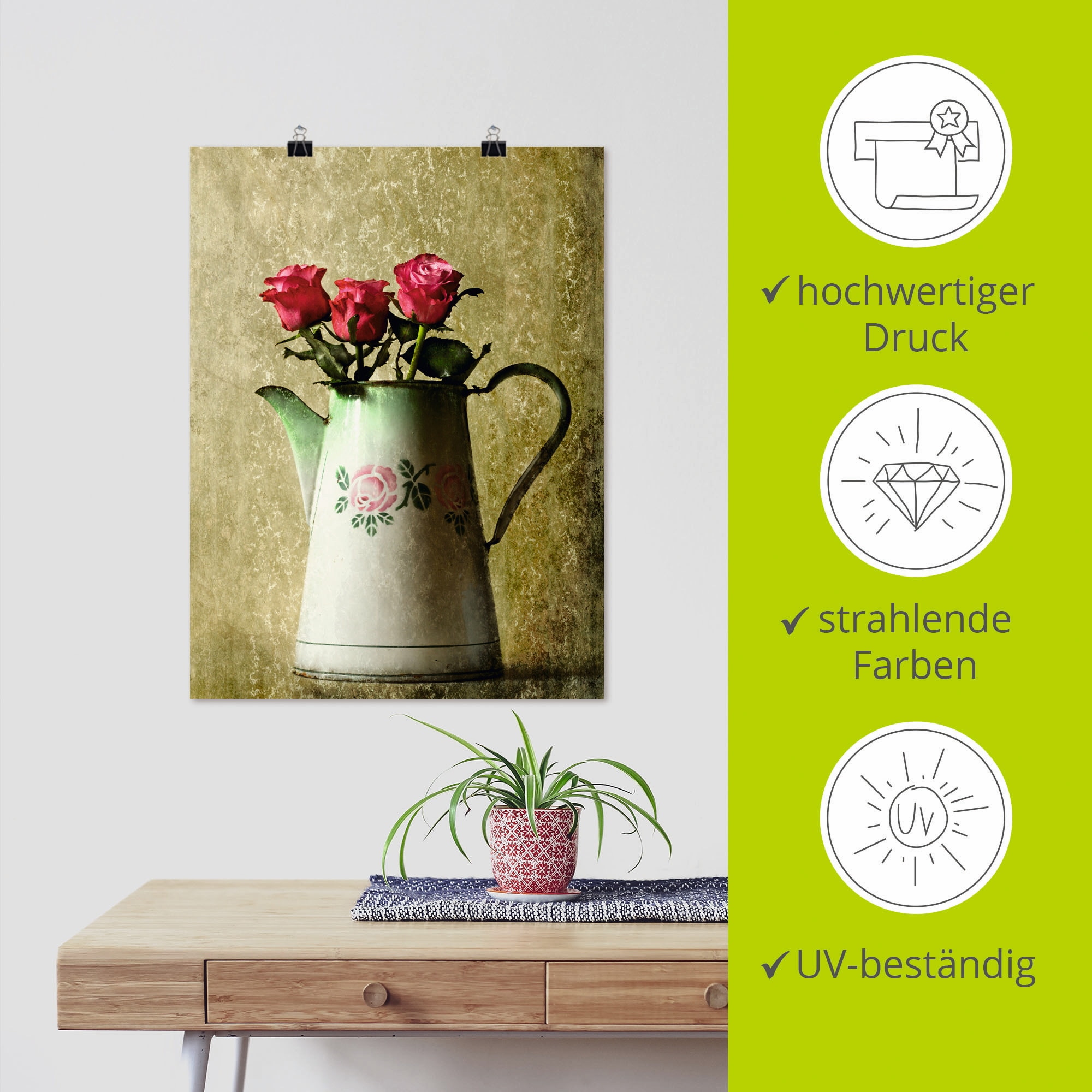 Artland Wandbild »Drei Rosen in einer alten Kanne«, Arrangements, (1 St.), als Poster in verschied. Größen