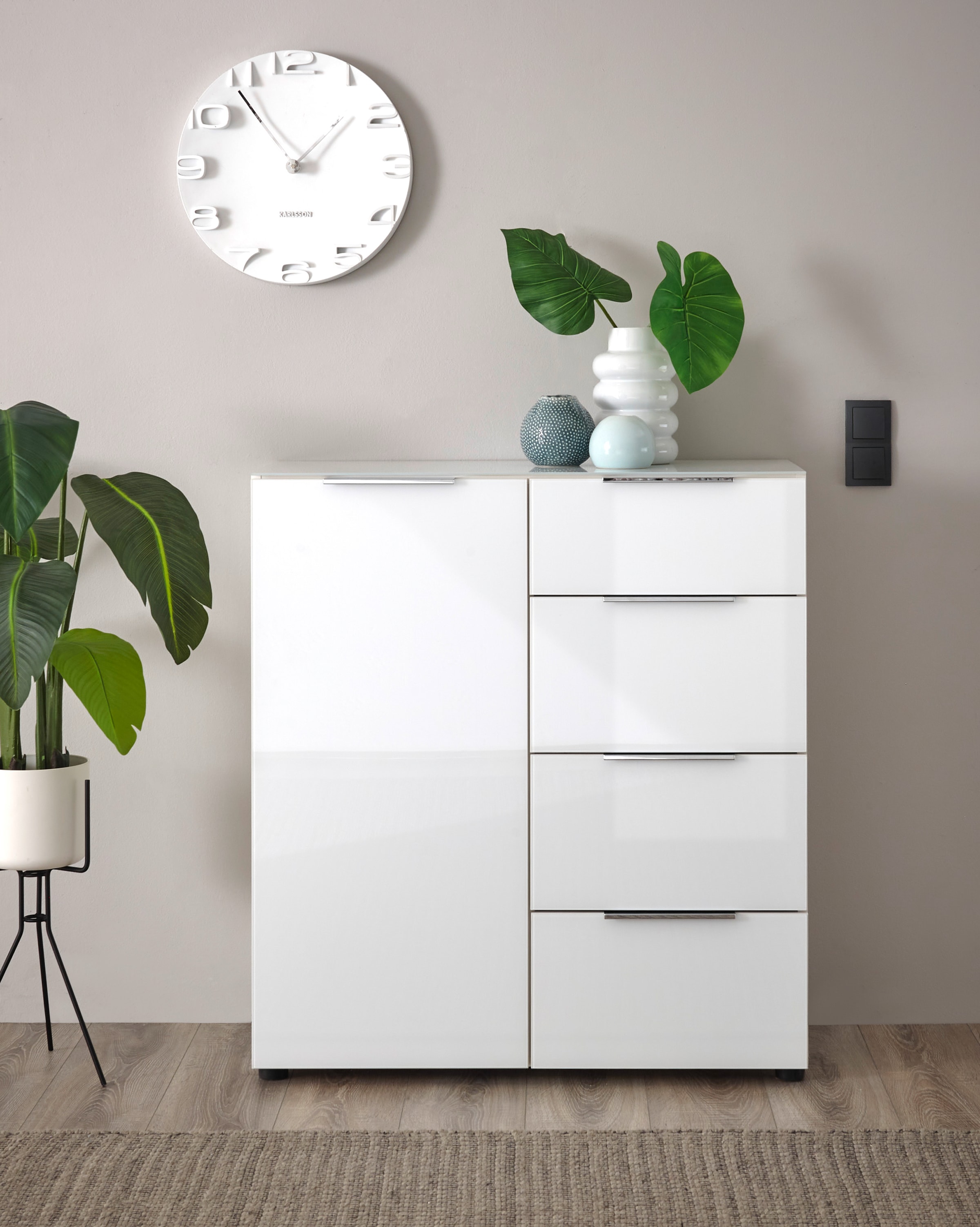 HBZ Sideboard »Santorin Mehrzweckschrank-Universalschrank, BxHxT 90x99x40 cm« 1 Stk. tlg. Mit 1 Tür und 4 Schubkästen mit Softclose, Glasfront und Glasoberboden
