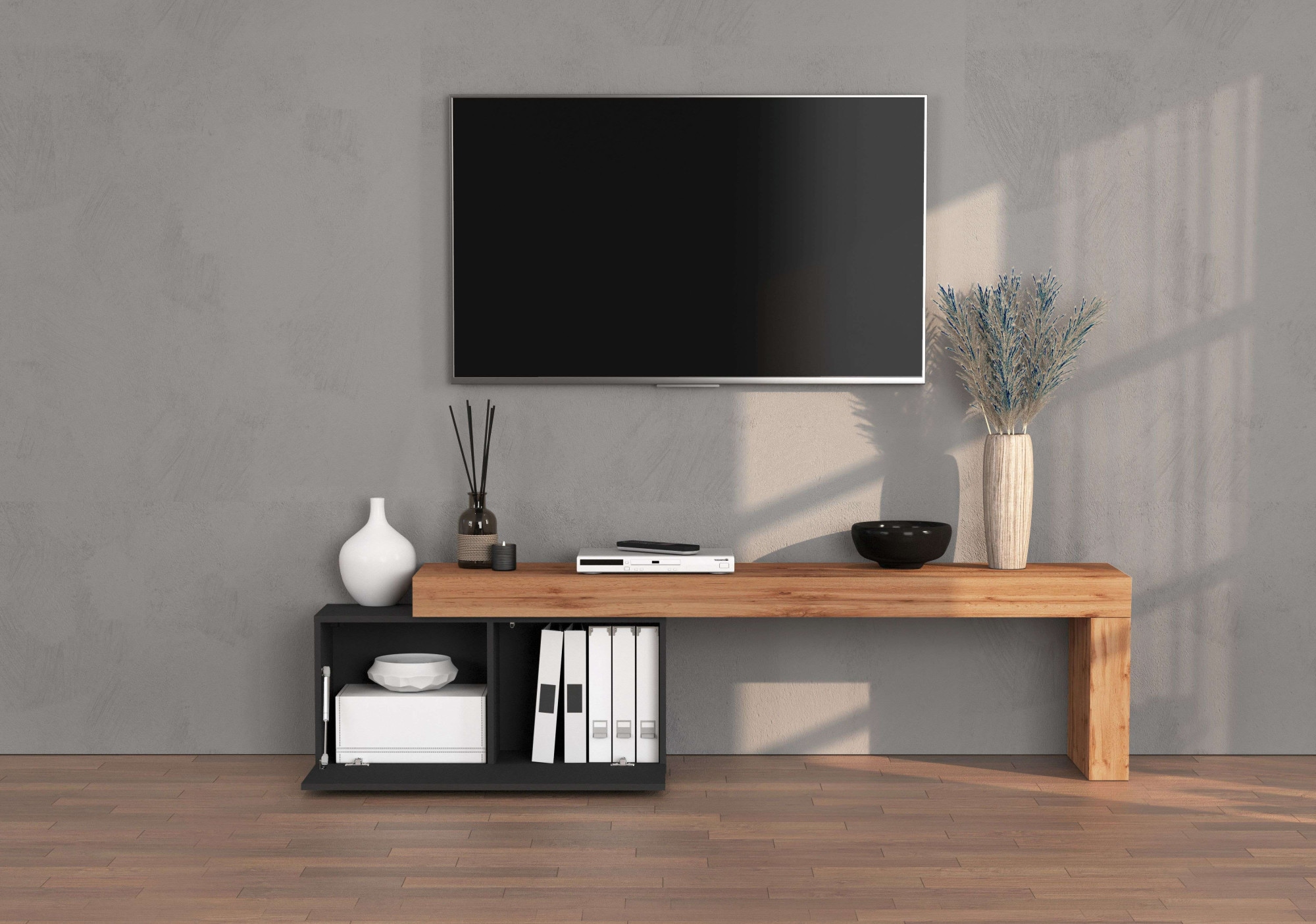 INOSIGN Lowboard »Chronos TV-Board, TV-Schrank«, (1 St., Breite verstellbar von 180 bis 260 cm), Breite 220 cm TV-Board,Lowboard,1 Klappe und ein L-Förmiger Aufsatz