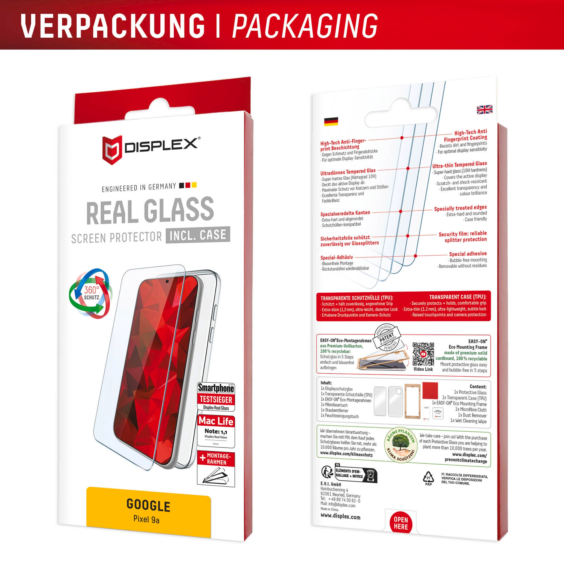 Displex Displayschutzglas »Real Glass Screen Protector inklusive Case« für Google Pixel 9a Displayschutzfolie, Schutzfolie, Bildschirmschutz, kratz- & stoßfest