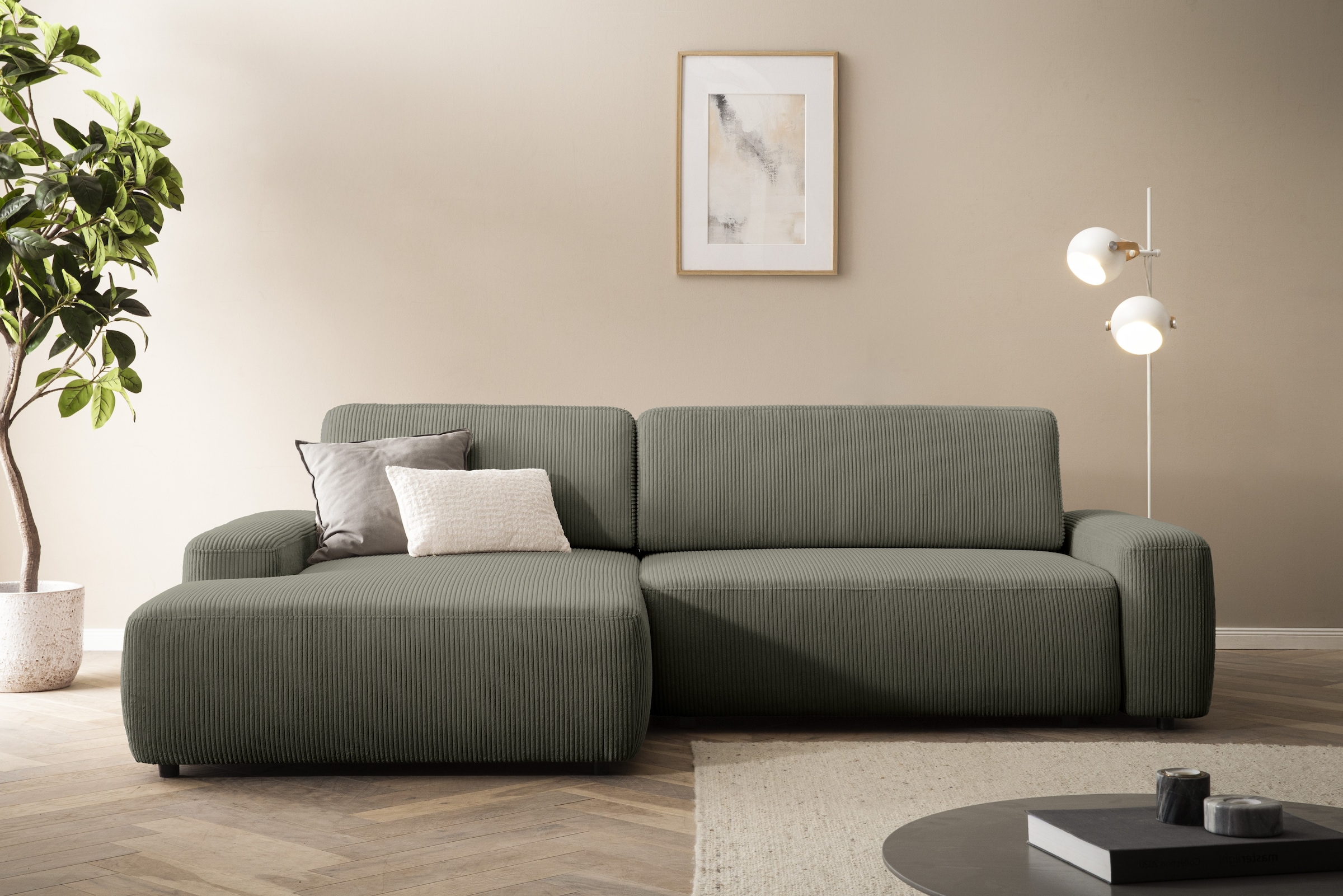 INOSIGN Ecksofa »TORGE (264cm), Schlafsofa in Cord, Samtvelours o Struktur fein, L-Form« Schlaffunktion, Bettkasten, Liegefläche: 125/210 cm