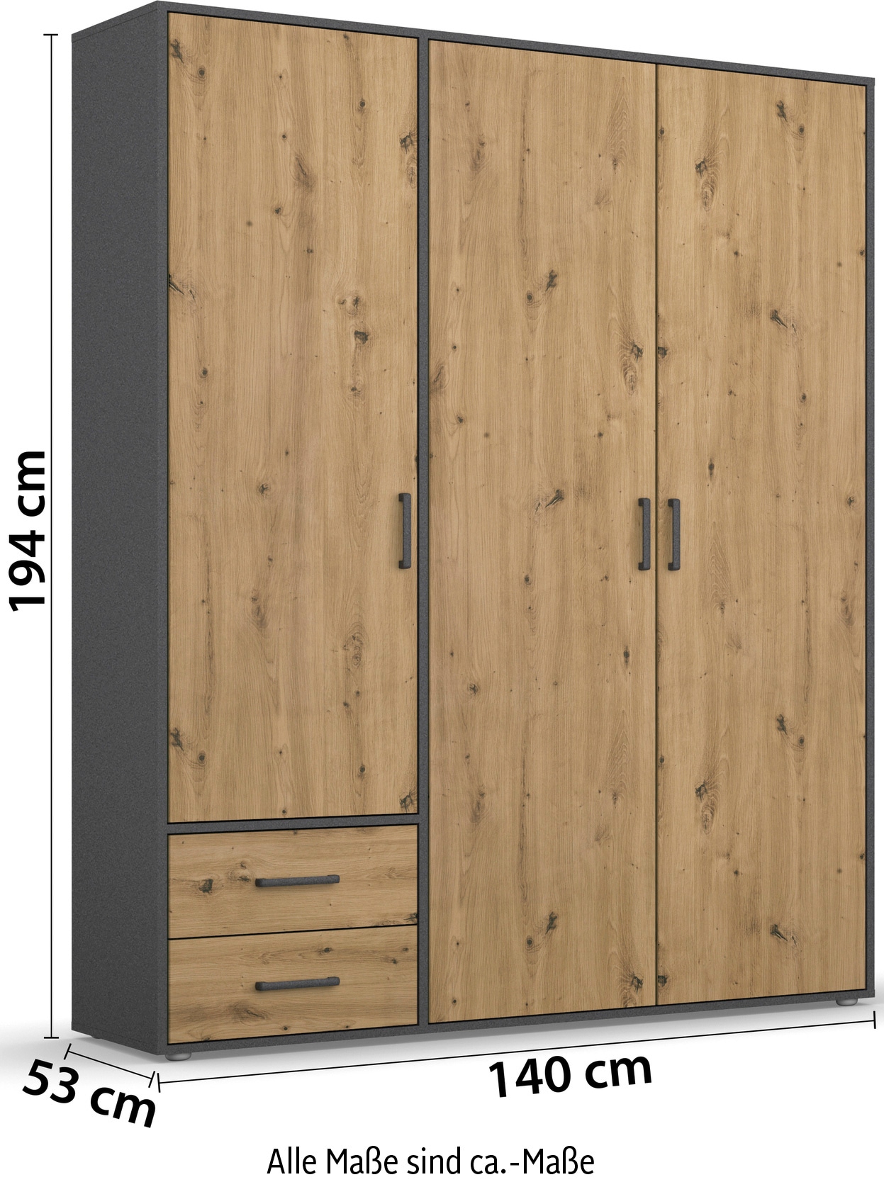 rauch Drehtürenschrank »Kleiderschrank Schrank Garderobe Wäscheschrank VOYAGER«, moderne Griffe in Graumetallic mit Außenschubkästen MADE IN GERMANY