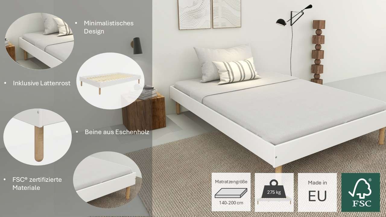 OTTO home Bett »Dagmar, Bettgestell, teilMDF, minimalistisches Design«, Breite 140 cm, inklusive feste Latten aus massiver Kiefer