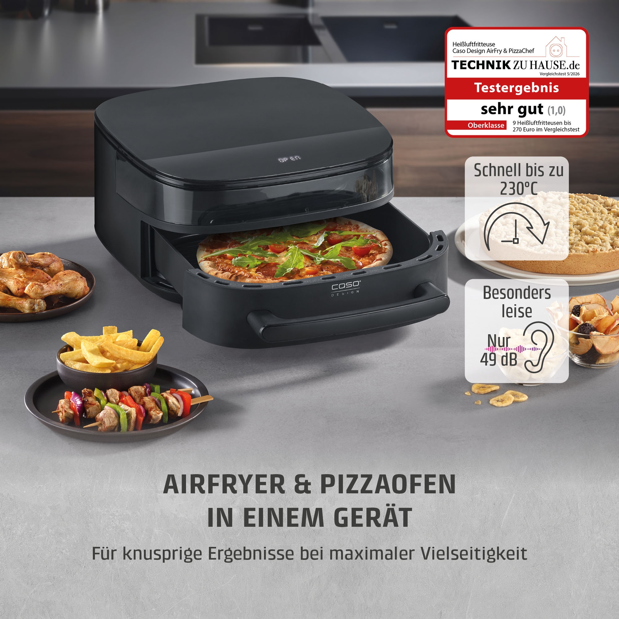 Caso Heißluftfritteuse »Design Heissluftfritteuse AirFry & PizzaChef« 2850 W Frittieren, Backen, Aufwärmen, Rösten oder Dörren.
