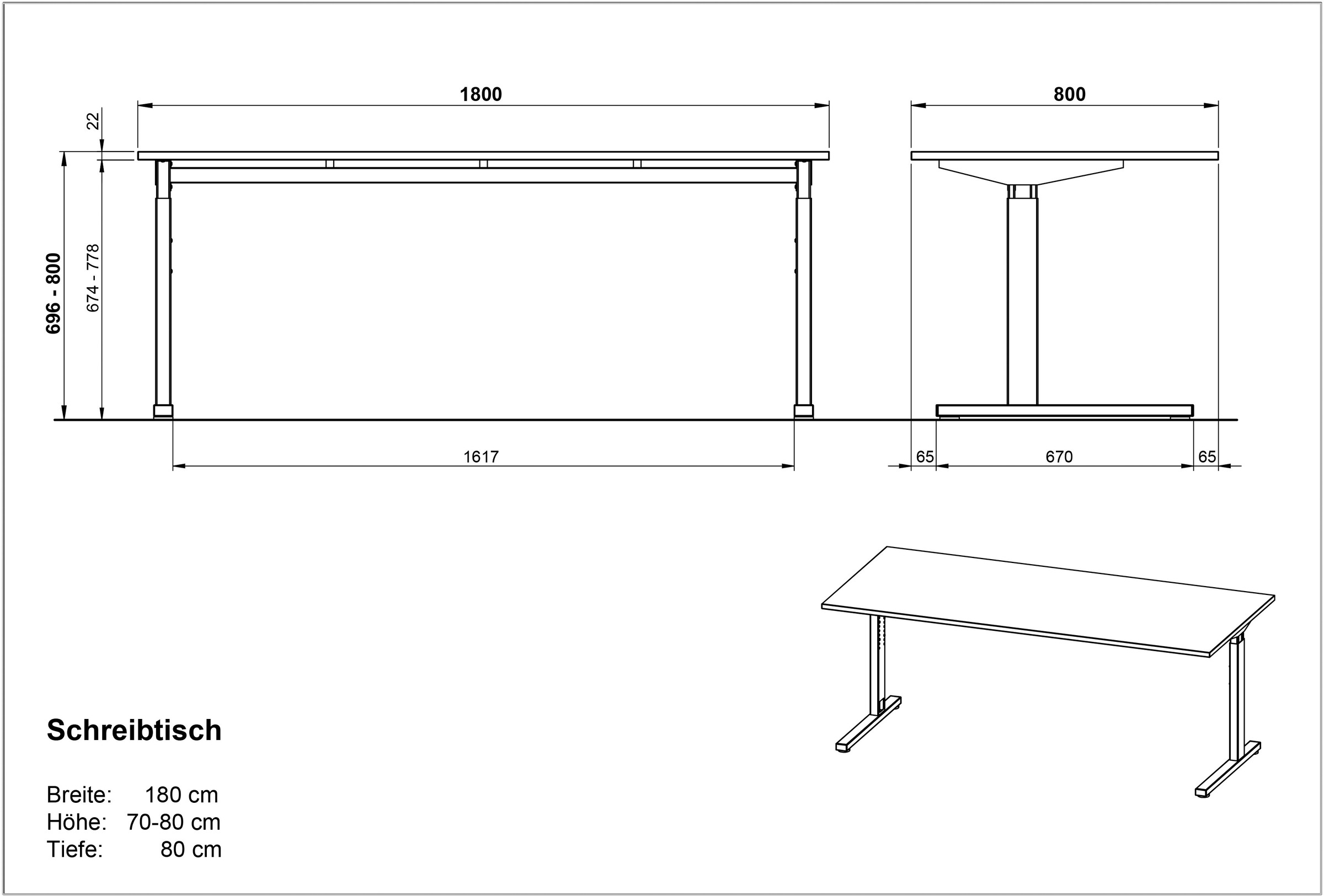 GERMANIA Schreibtisch »GW-Profi 3.0«, höhenverstellbar (70- 80 cm), in 2 Breiten, Made in Germany