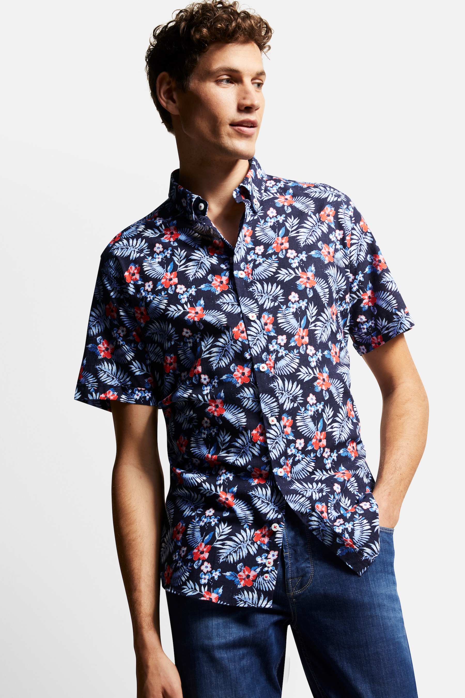 Bugatti Herren Kurzarmhemd mit Allover-Print in blau, Größe M