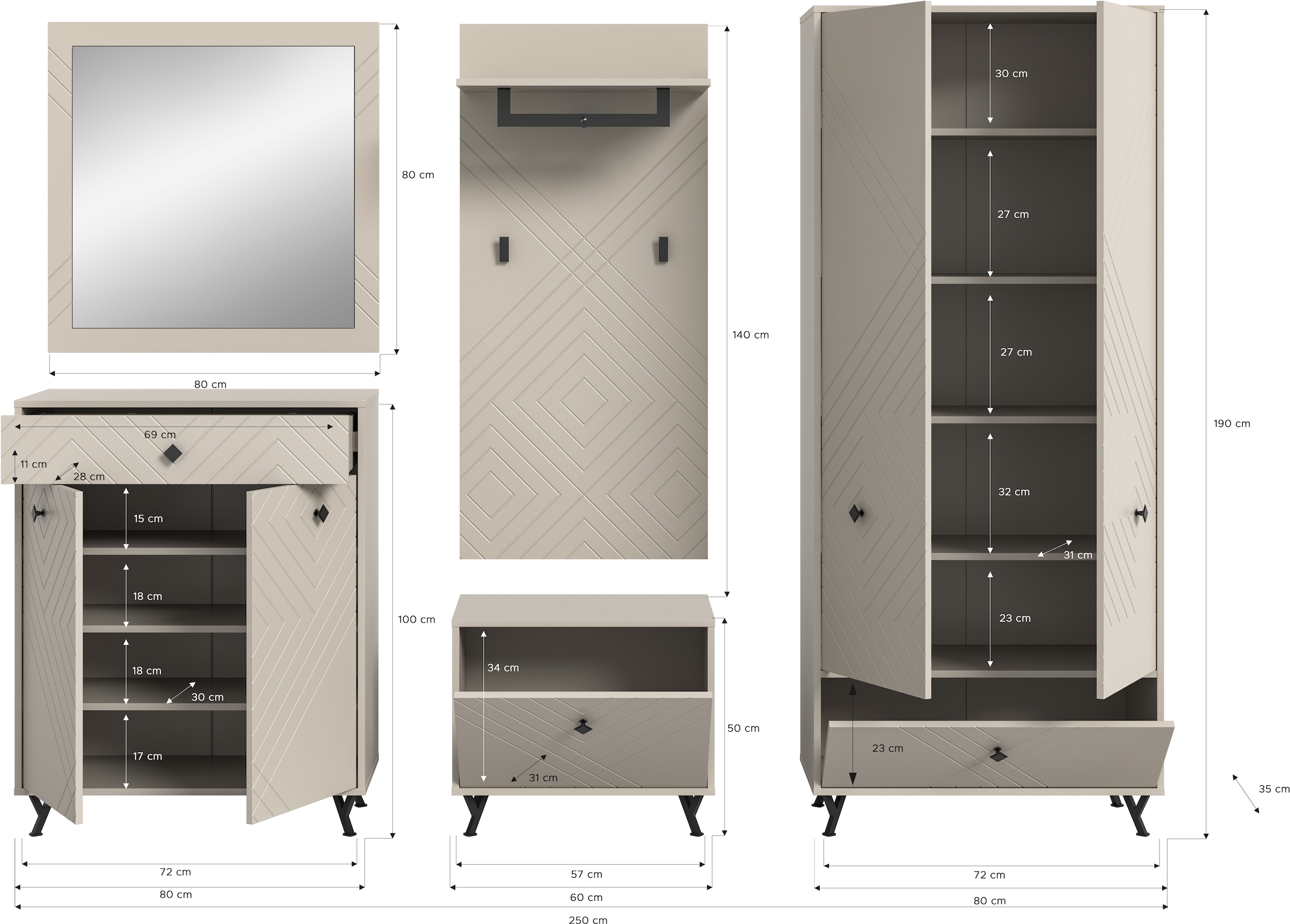 INOSIGN Garderoben-Set »Mento, 5-teilig, Ornamentfräsung in der Front, bestehend aus:«, (Set, 5 St.), Schuhkommode, Spiegel, Sitzbank, Garderobenpaneel, Garderobenschrank