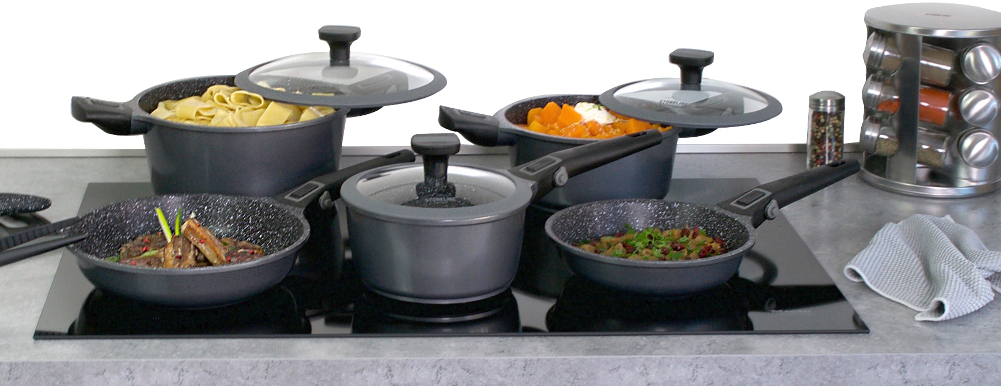 STONELINE Topf-Set »Imagination PLUS«, Aluminiumguss, (Set, 8 tlg., Bratentopf 24 cm, Kochtopf 20 cm, Stieltopf 18 cm, Bratpfanne 20/24 cm), abnahmbare Griffe, Induktion