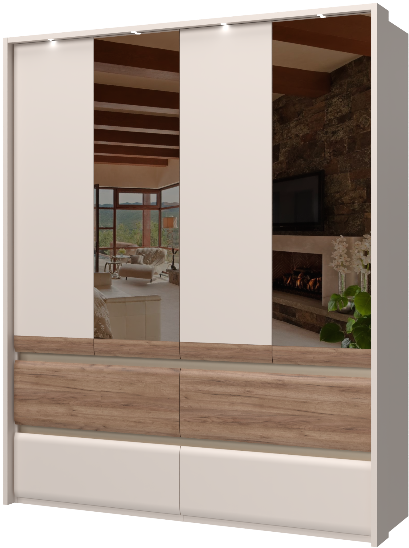 PLACES OF STYLE Kleiderschrank »Invictus, UV lackiert, FSC-zertifiziert, grifflose Optik« abgerundete Schubladen aus MDF im Holzdekor, soft-close,  mit Beleuchtung und Spiegel, in 4 Breiten, hoher Schrank (226cm)