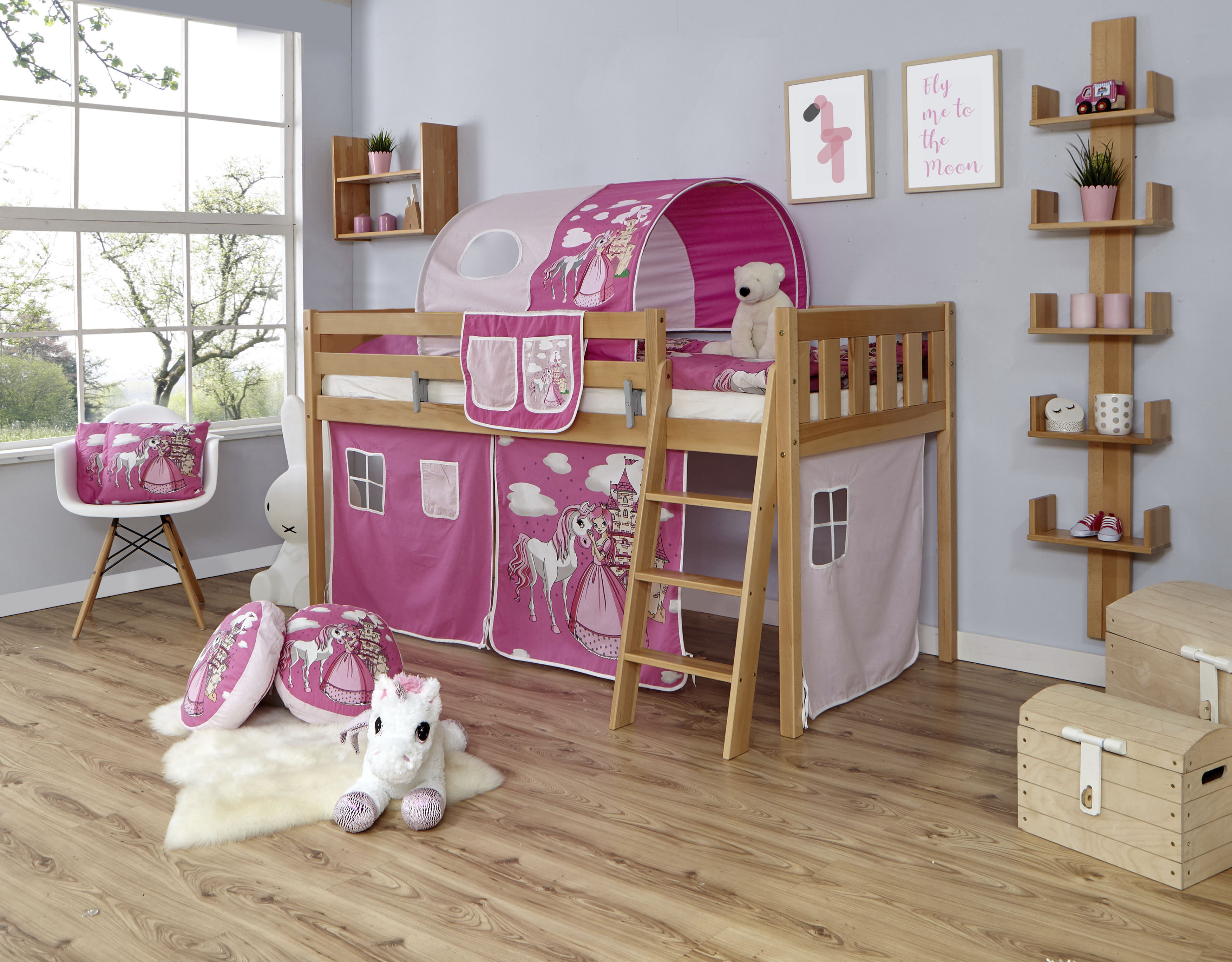 Ticaa Hochbett »Eric«, mit Rollrost und Textil-Set wahlweise mit Matratze, Buche