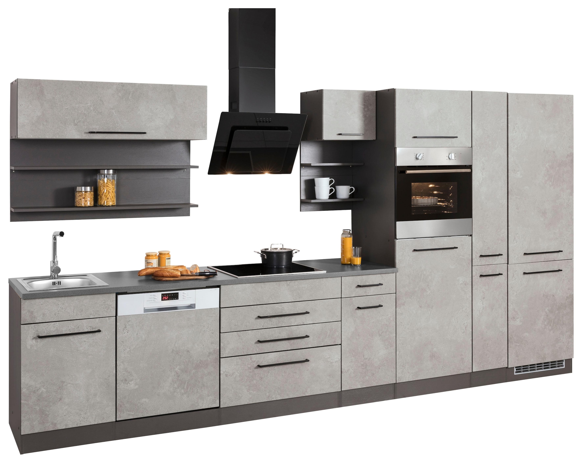 KOCHSTATION Küchenzeile »KS-Tulsa«, ohne E-Geräte, Breite 380 cm, schwarze Metallgriffe, MDF Fronten
