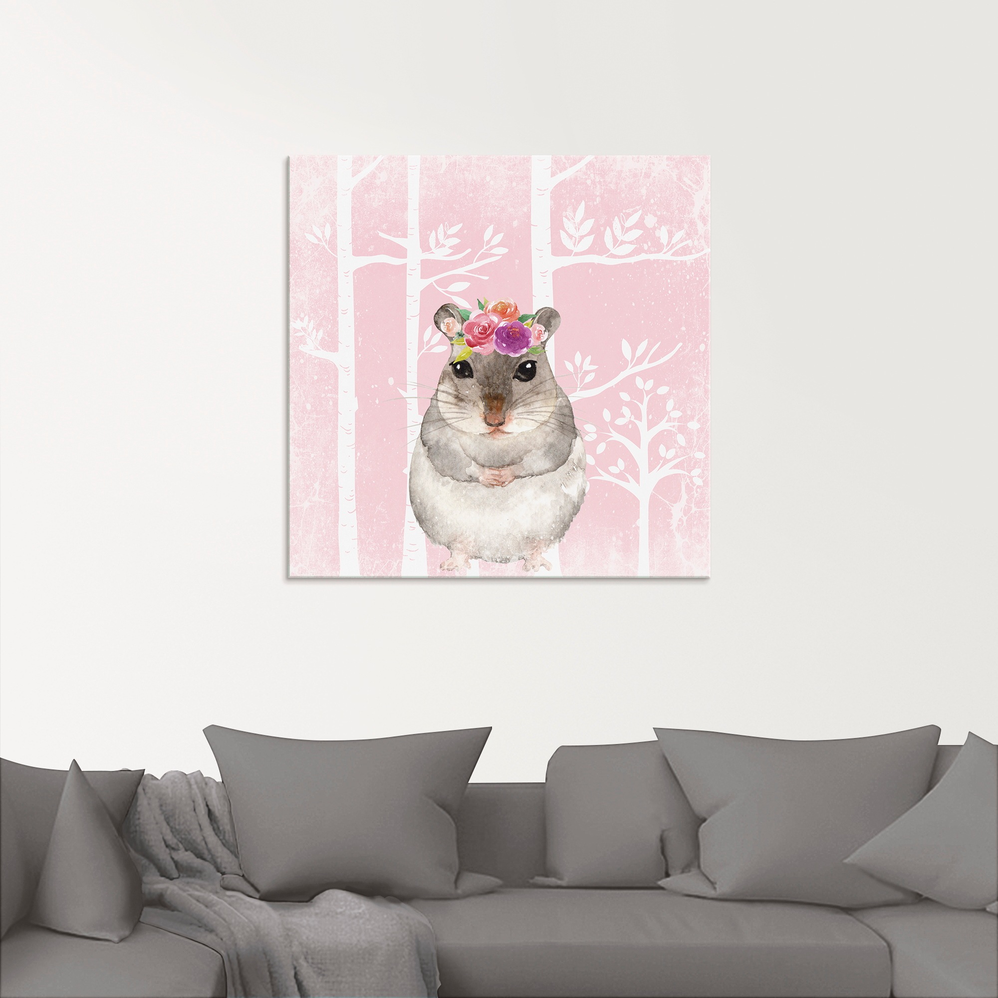 Artland Glasbild »Hamster mit Blumen im pink Wald«, Tiere, (1 St.), in verschiedenen Größen